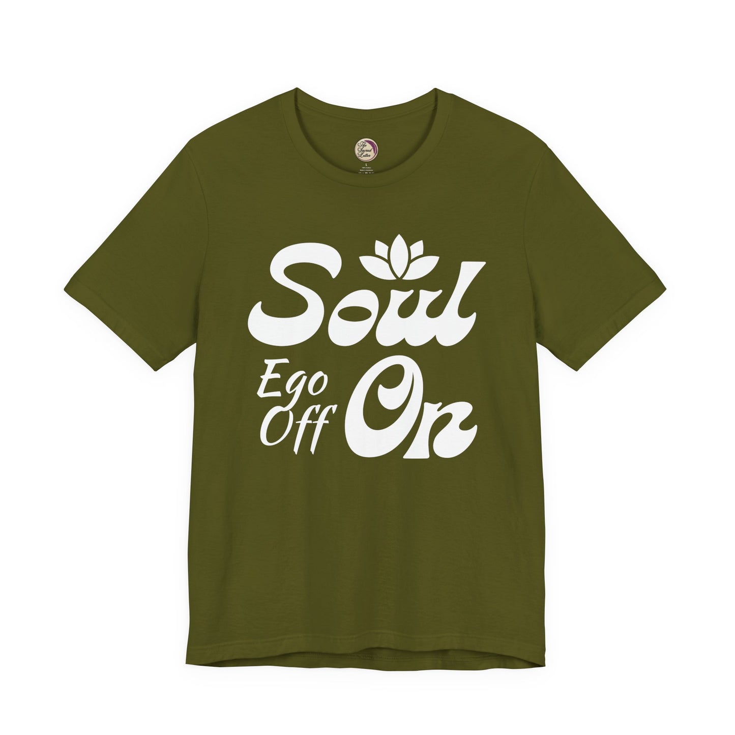 Green t-shirt with white text 'Soul Ego Off On' on a white background
