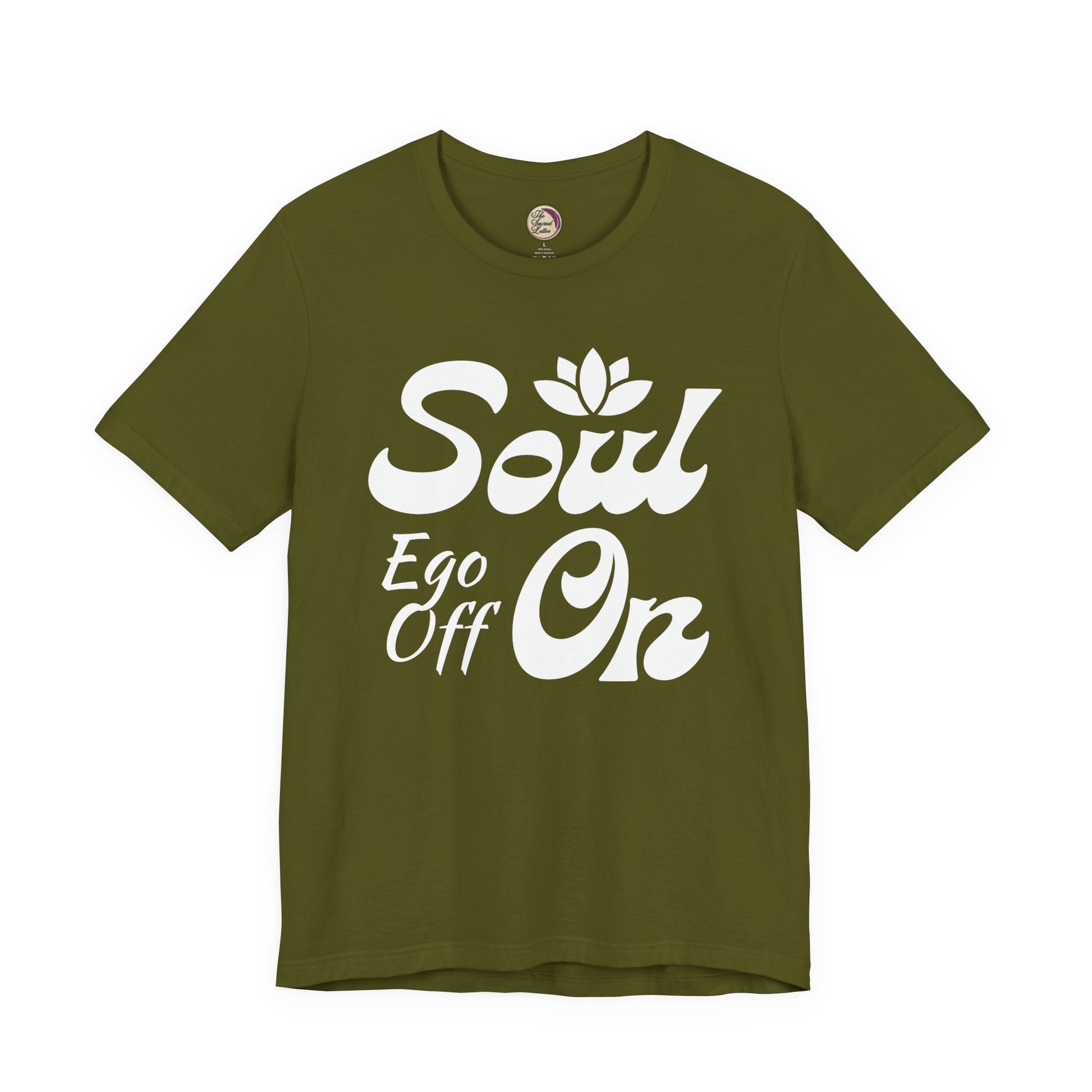 Green t-shirt with white text 'Soul Ego Off On' on a white background