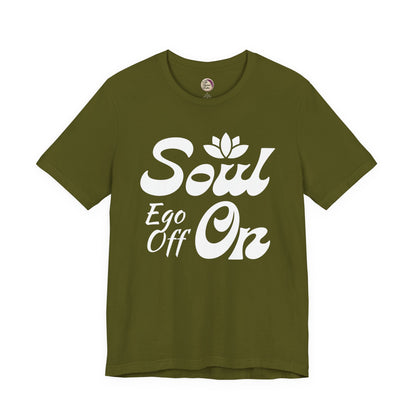 Green t-shirt with white text 'Soul Ego Off On' on a white background