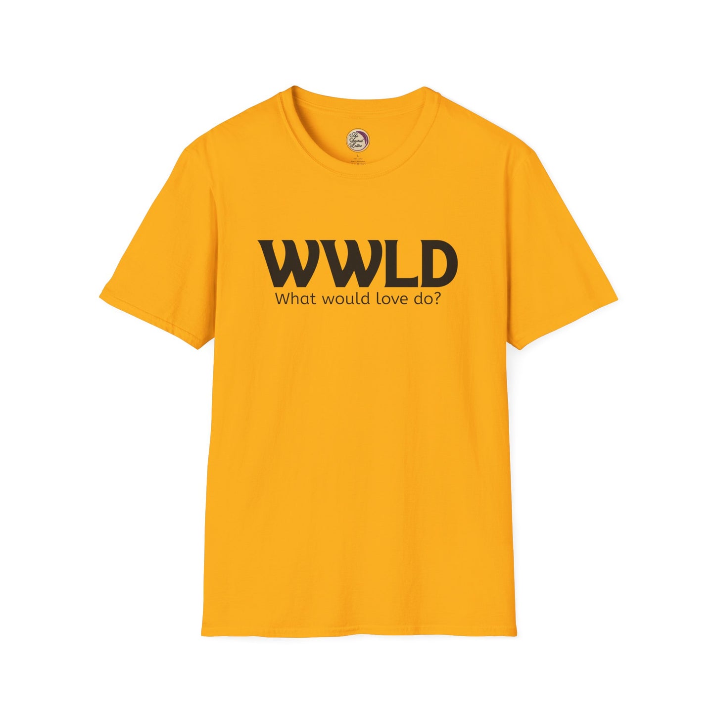 Yellow t-shirt with 'WWLD What would love do?' text on a white background