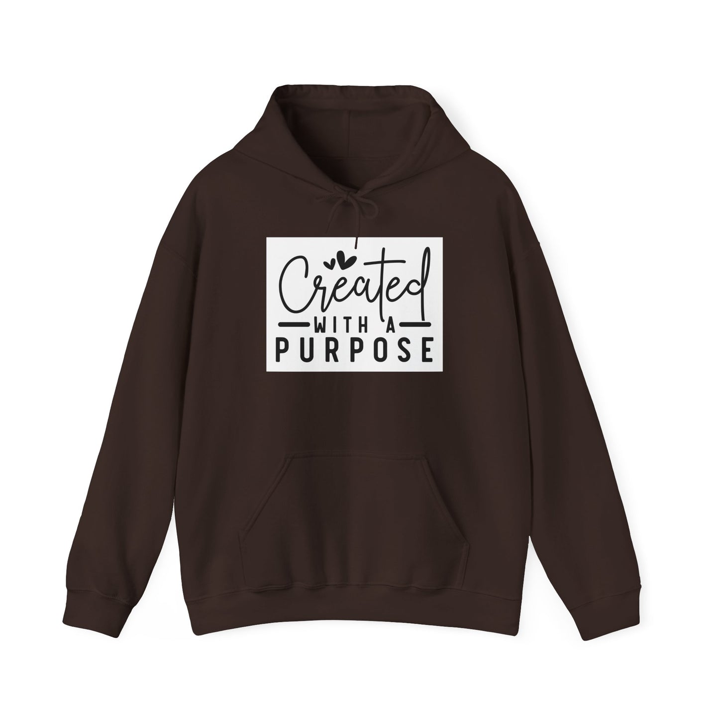 Brown hoodie with 'Created with a Purpose' text on a white background