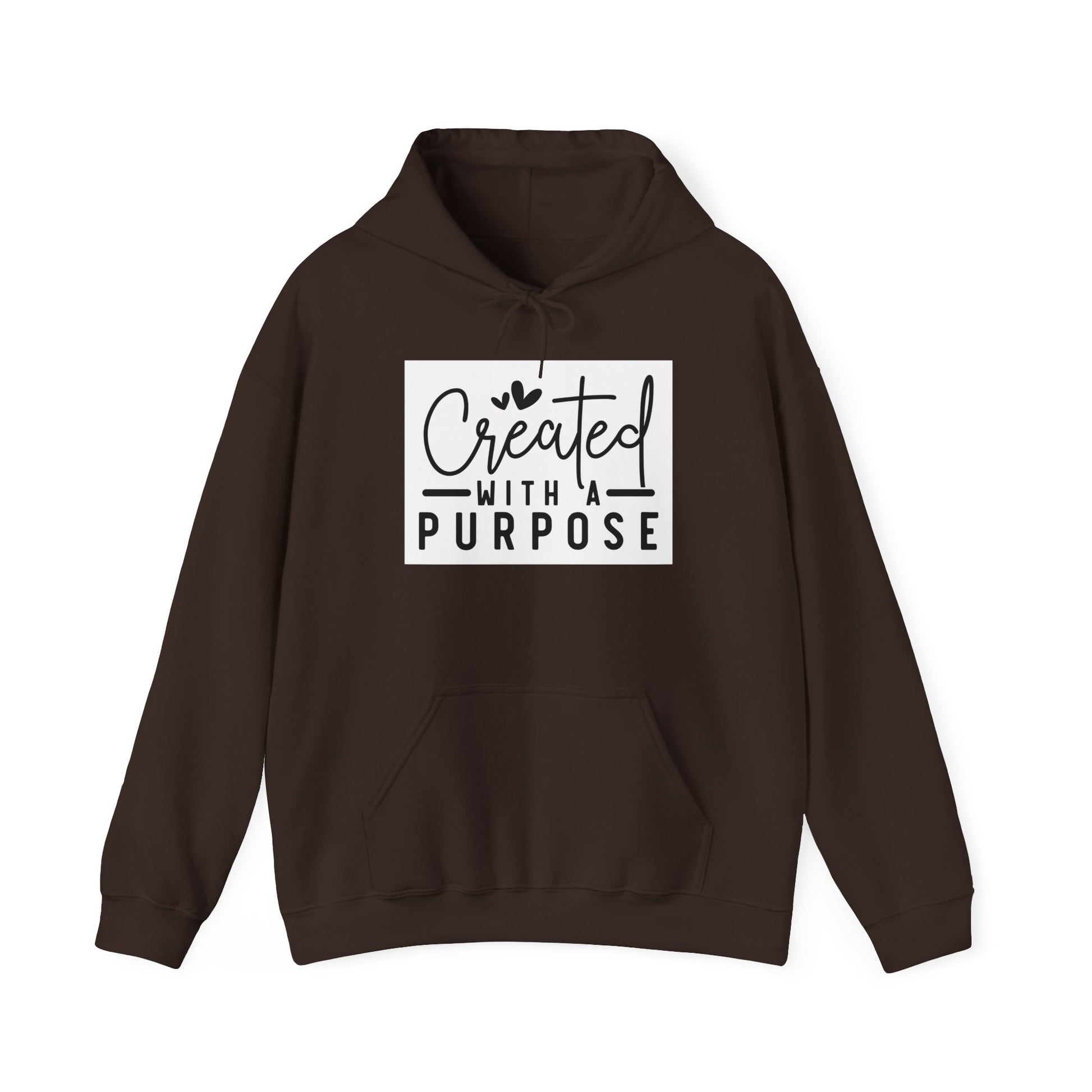 Brown hoodie with 'Created with a Purpose' text on a white background