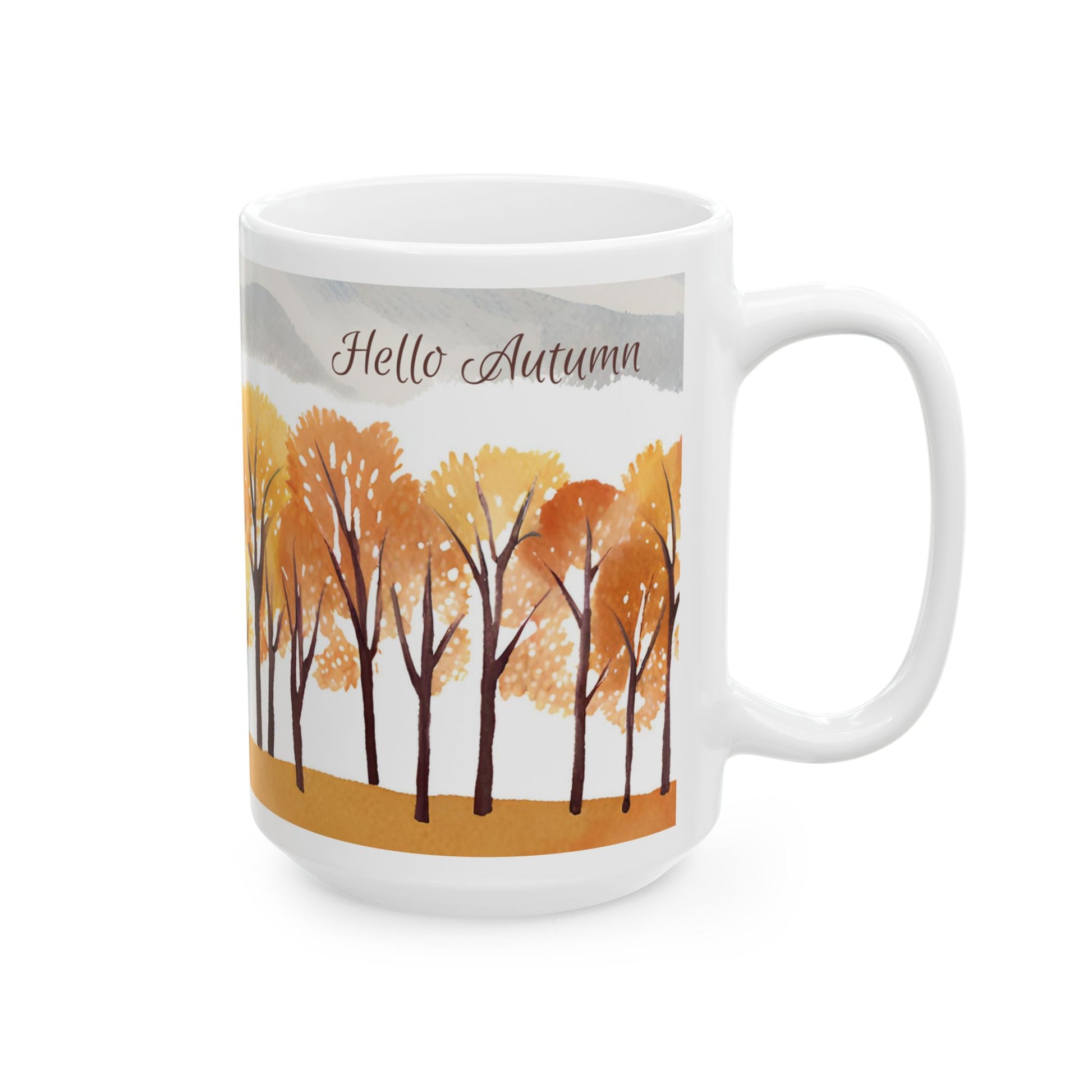 White mug with autumn-themed design featuring trees and 'Hello Autumn' text on a white background