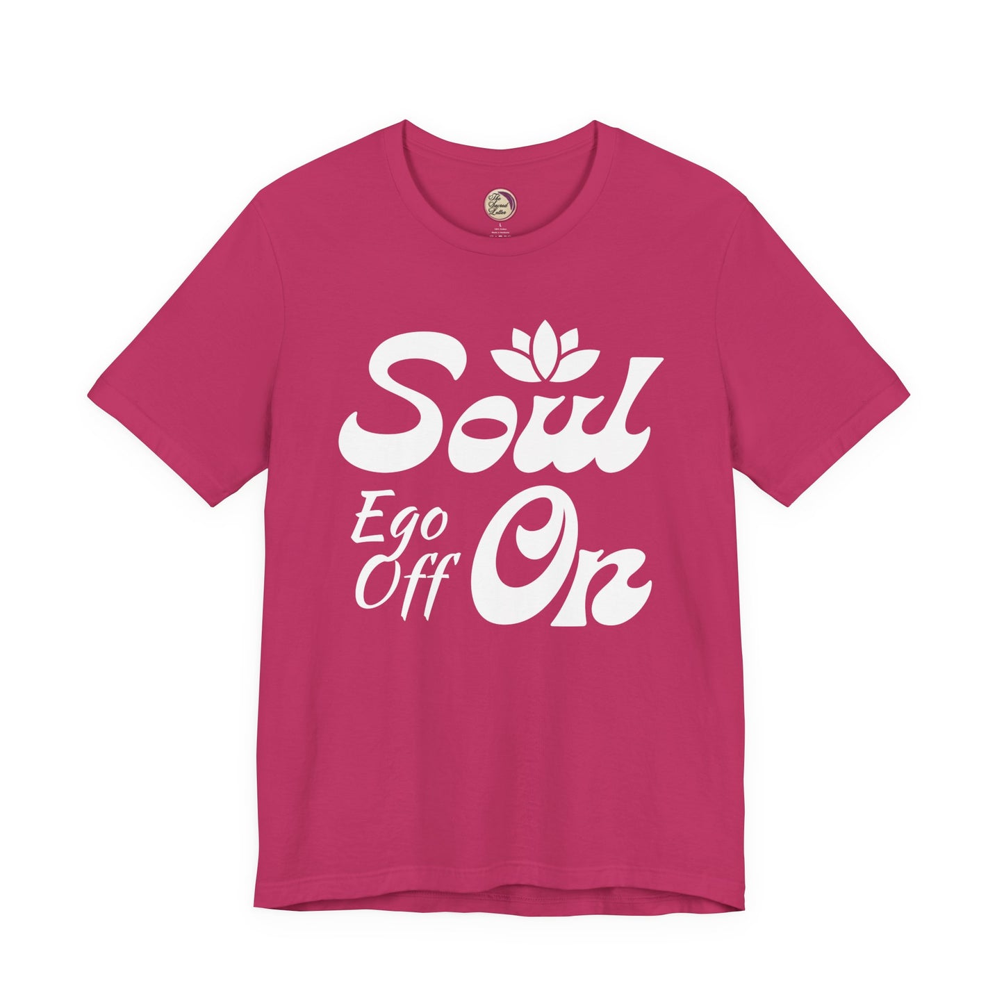 Pink t-shirt with white text 'Soul Ego Off On' on a white background