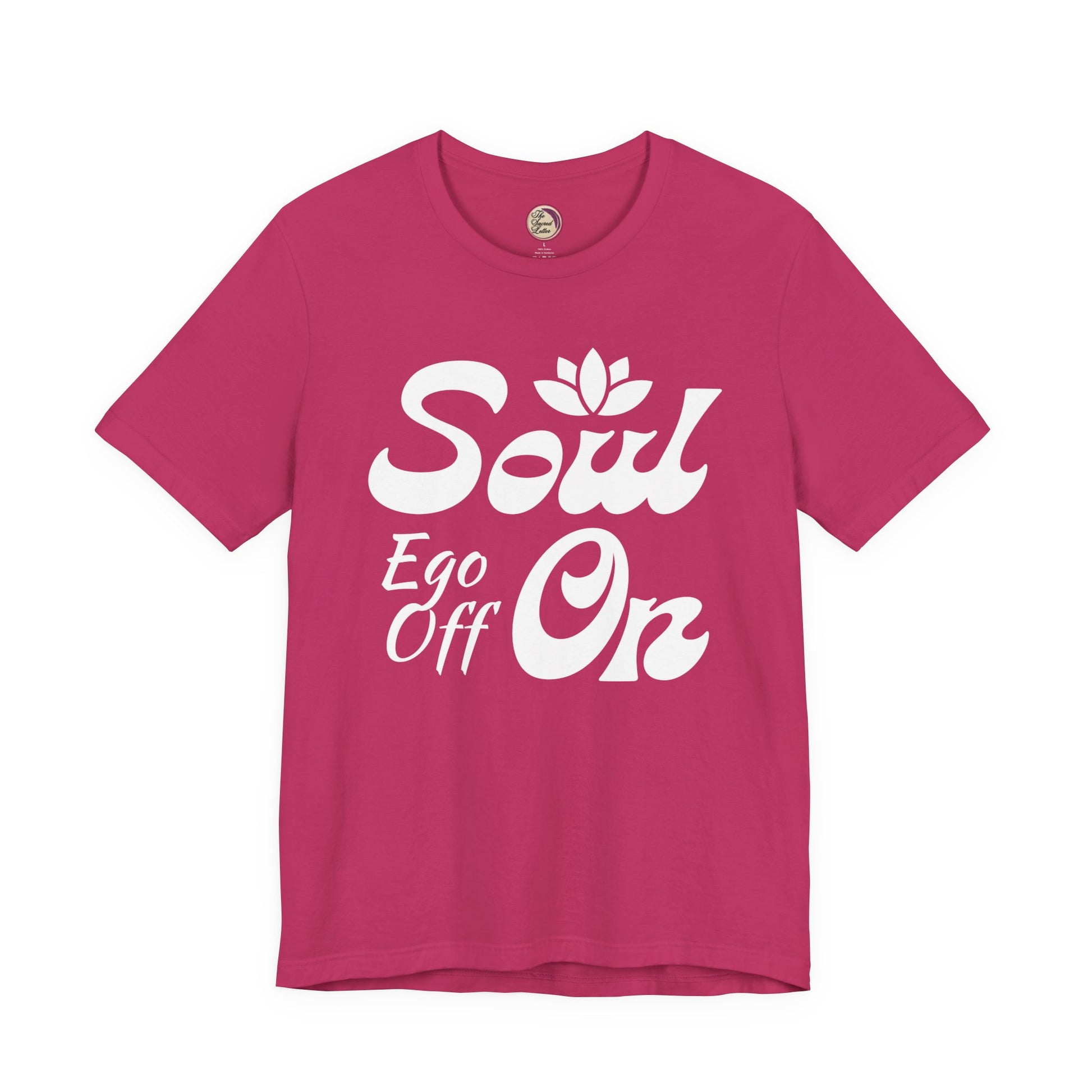 Pink t-shirt with white text 'Soul Ego Off On' on a white background