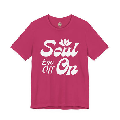 Pink t-shirt with white text 'Soul Ego Off On' on a white background