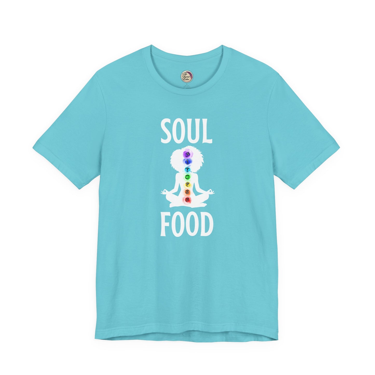Light blue t-shirt with a graphic of a person in a meditative pose and 'Soul Food' text on a white background