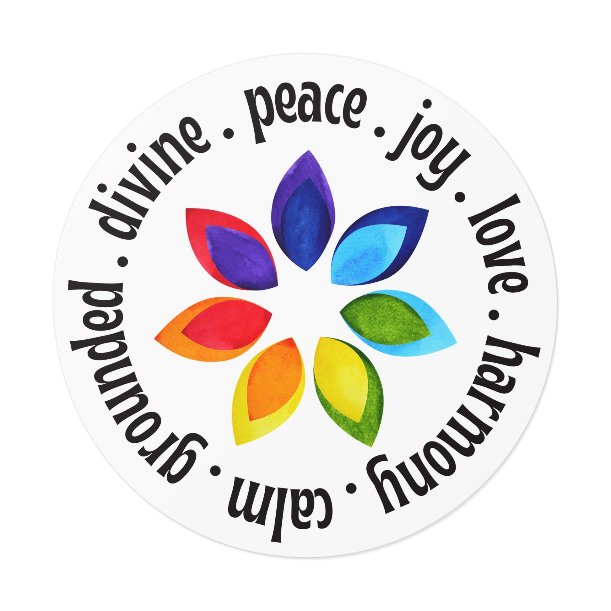 Round sticker with rainbow-colored leaves and motivational words on a white background