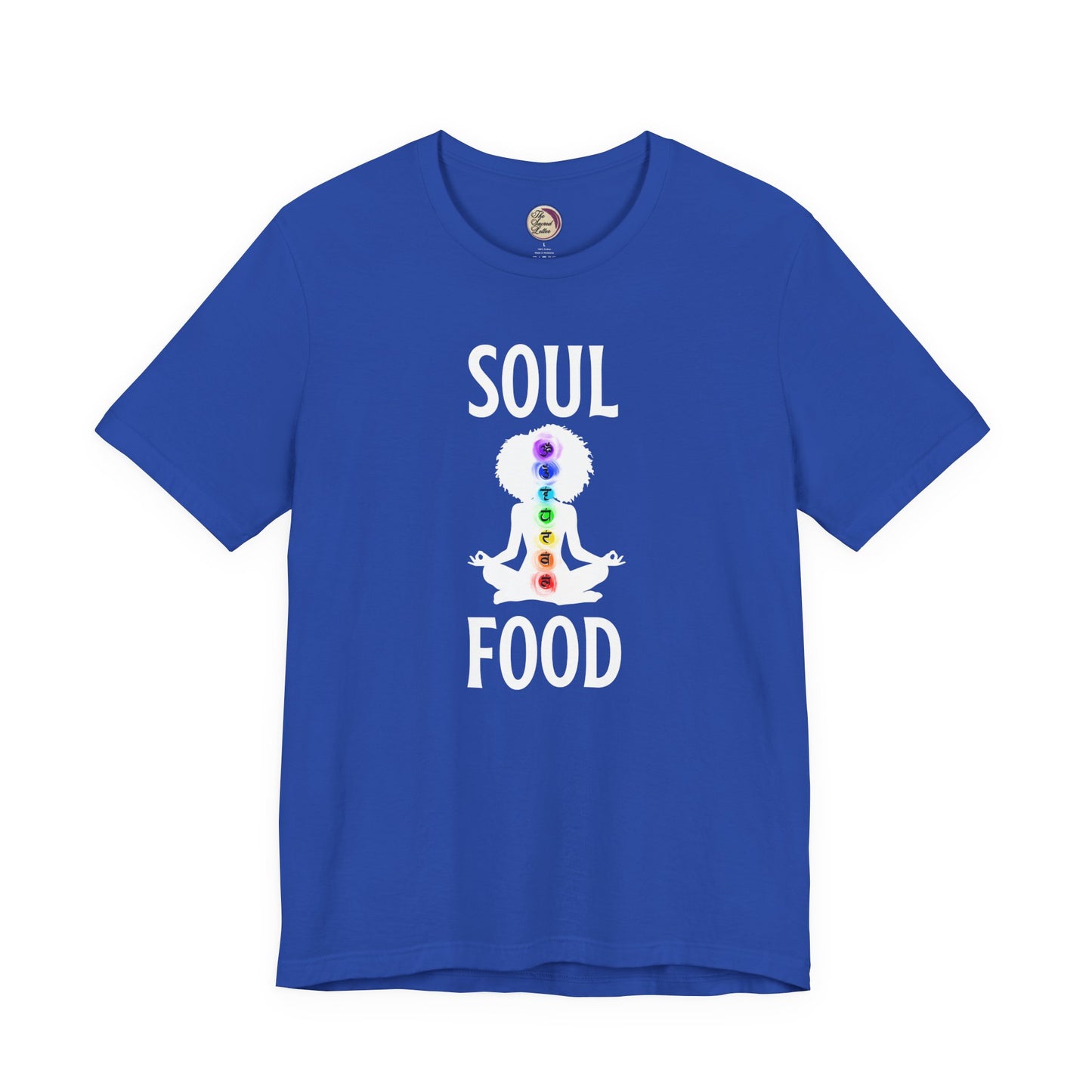 Blue t-shirt with 'Soul Food' design featuring a person with chakra colors on a white background
