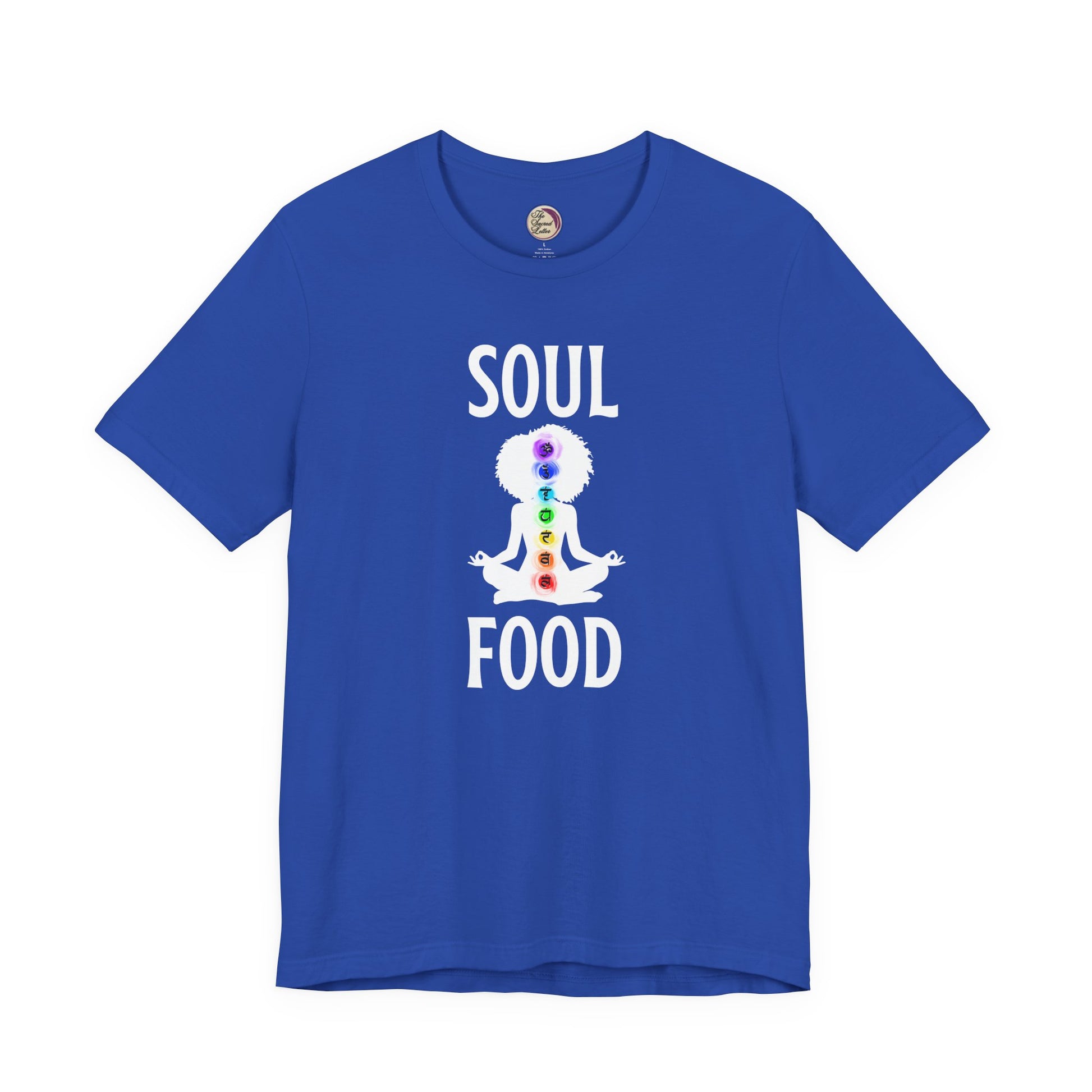 Blue t-shirt with 'Soul Food' design featuring a person with chakra colors on a white background