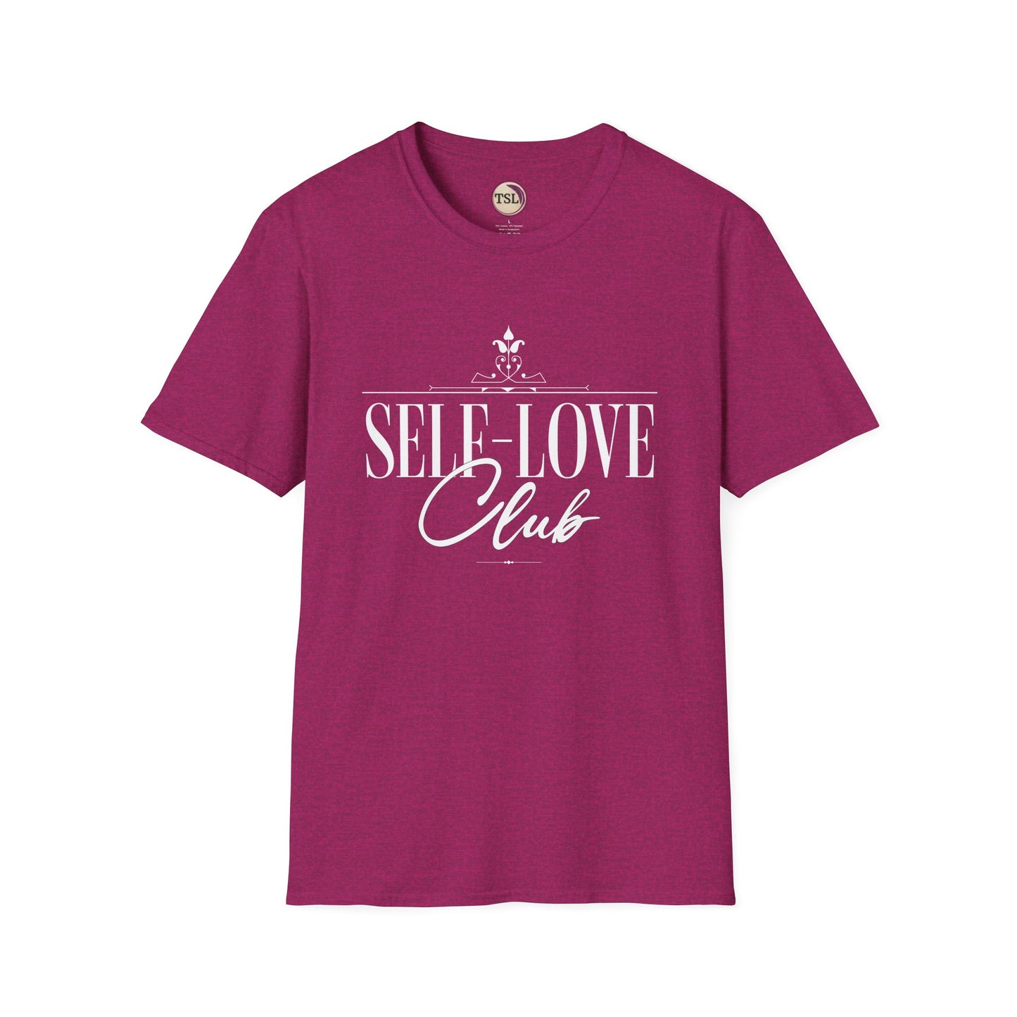 Magenta t-shirt with 'SELF-LOVE Club' text on a white background