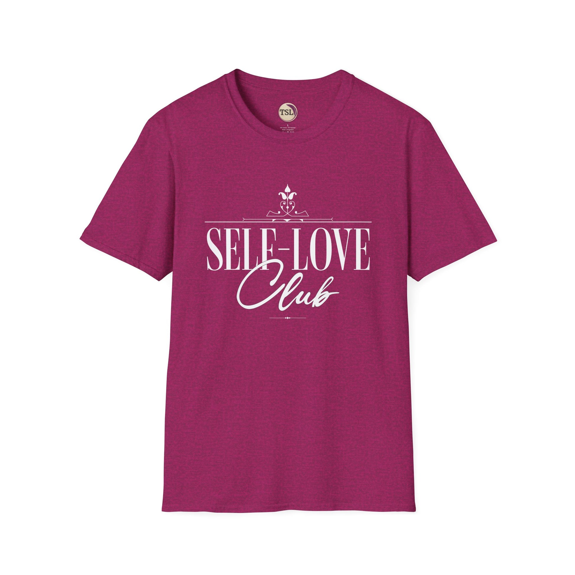 Magenta t-shirt with 'SELF-LOVE Club' text on a white background