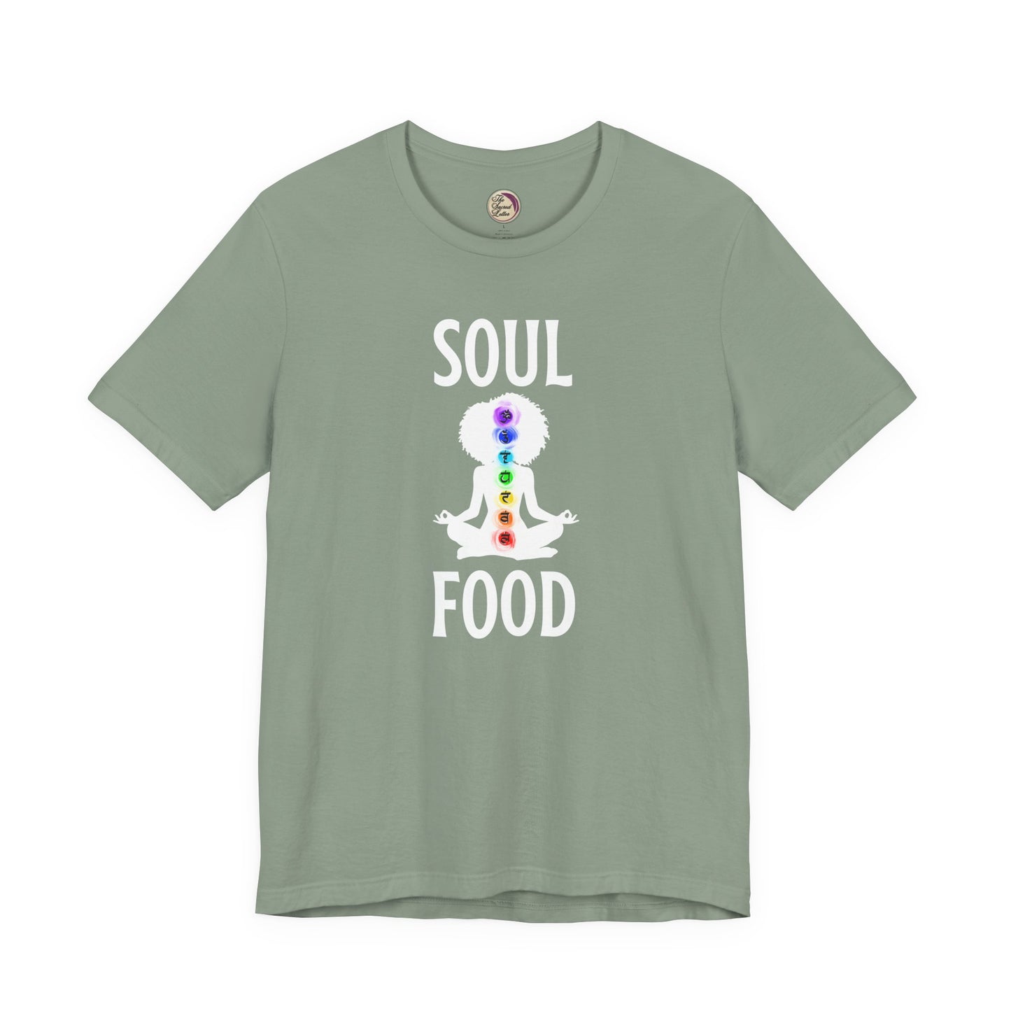 Sage green t-shirt with 'SOUL FOOD' text and chakra design on a white background