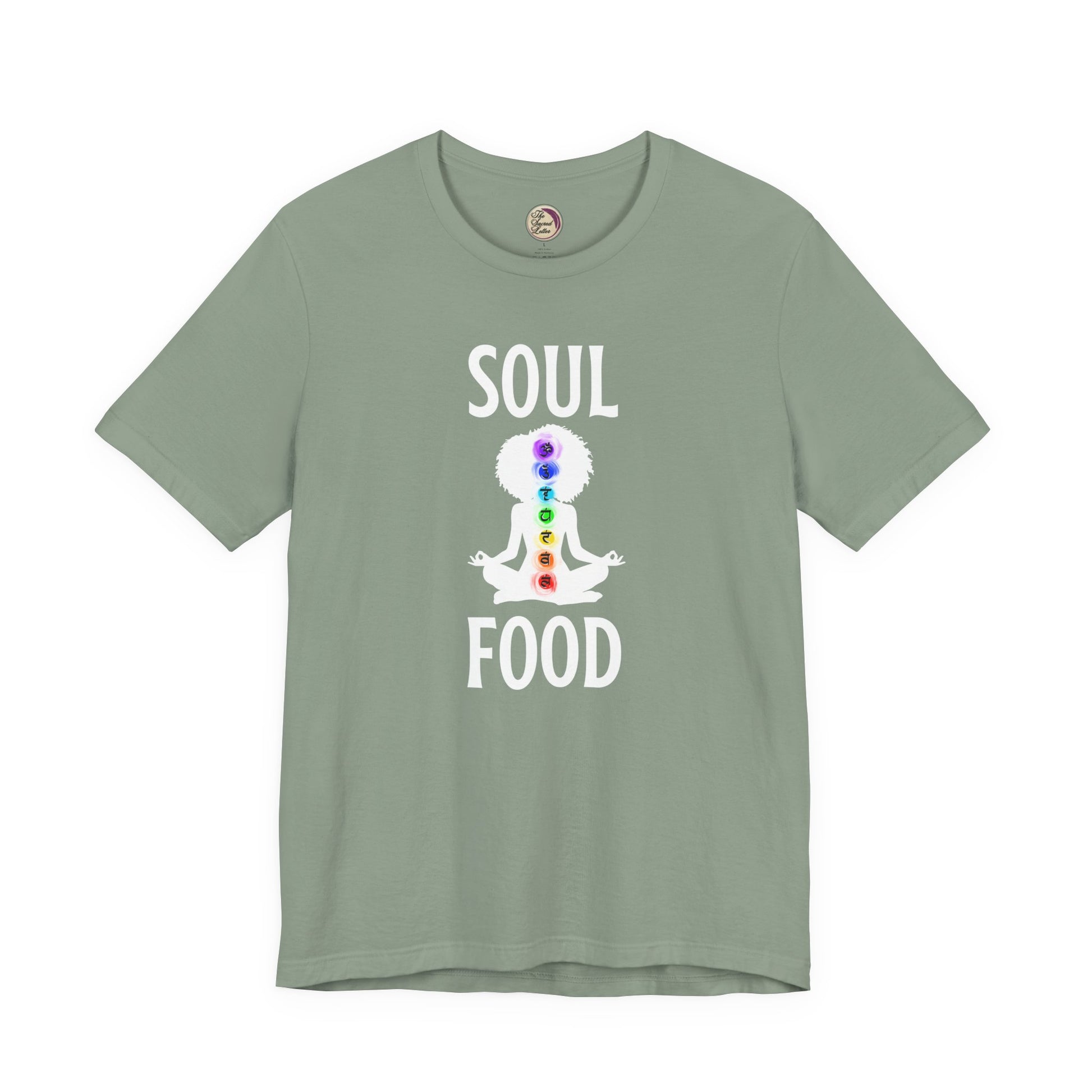Sage green t-shirt with 'SOUL FOOD' text and chakra design on a white background