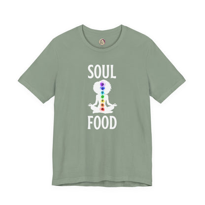 Sage green t-shirt with 'SOUL FOOD' text and chakra design on a white background