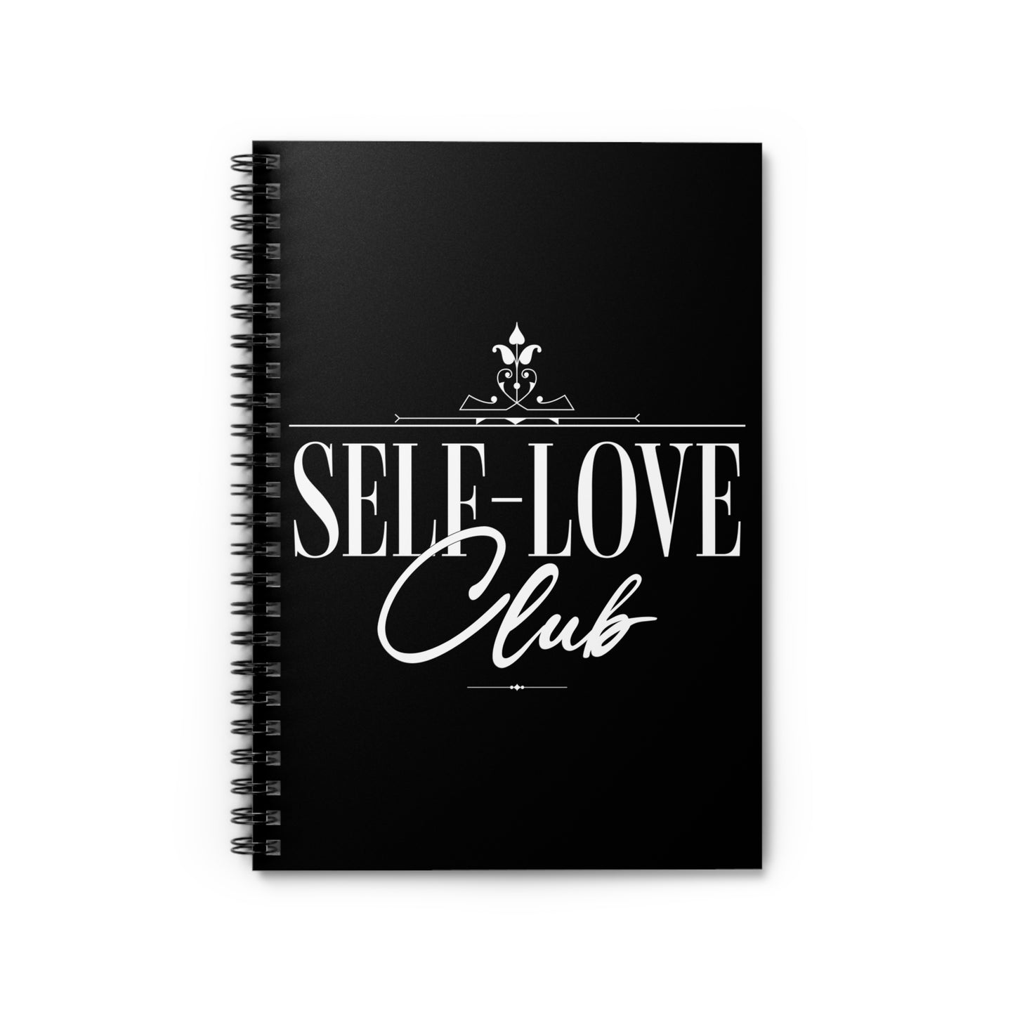 Black notebook with 'Self-Love Club' text on a white background