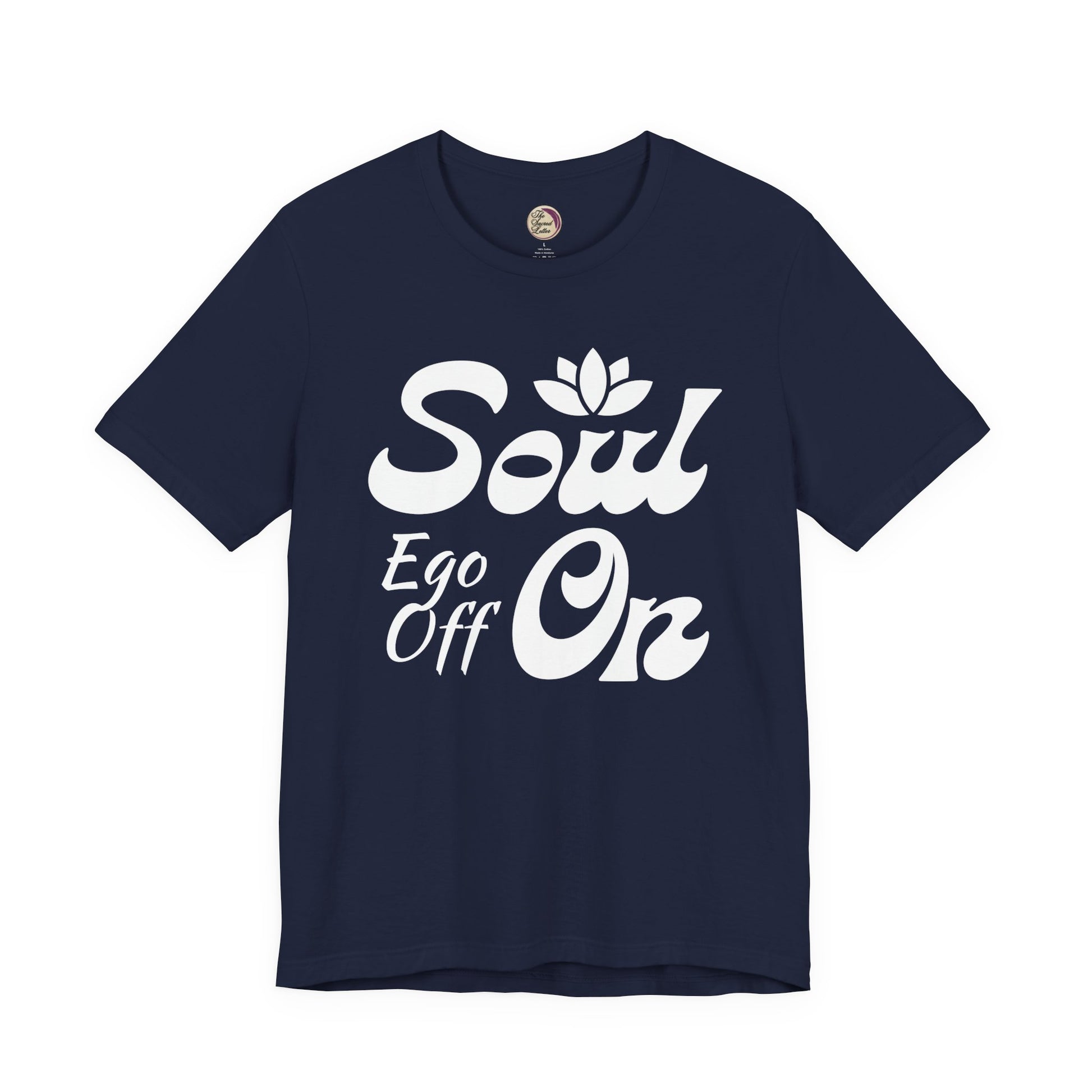 Navy Blue t-shirt with white text 'Soul Ego Off On' on a white background
