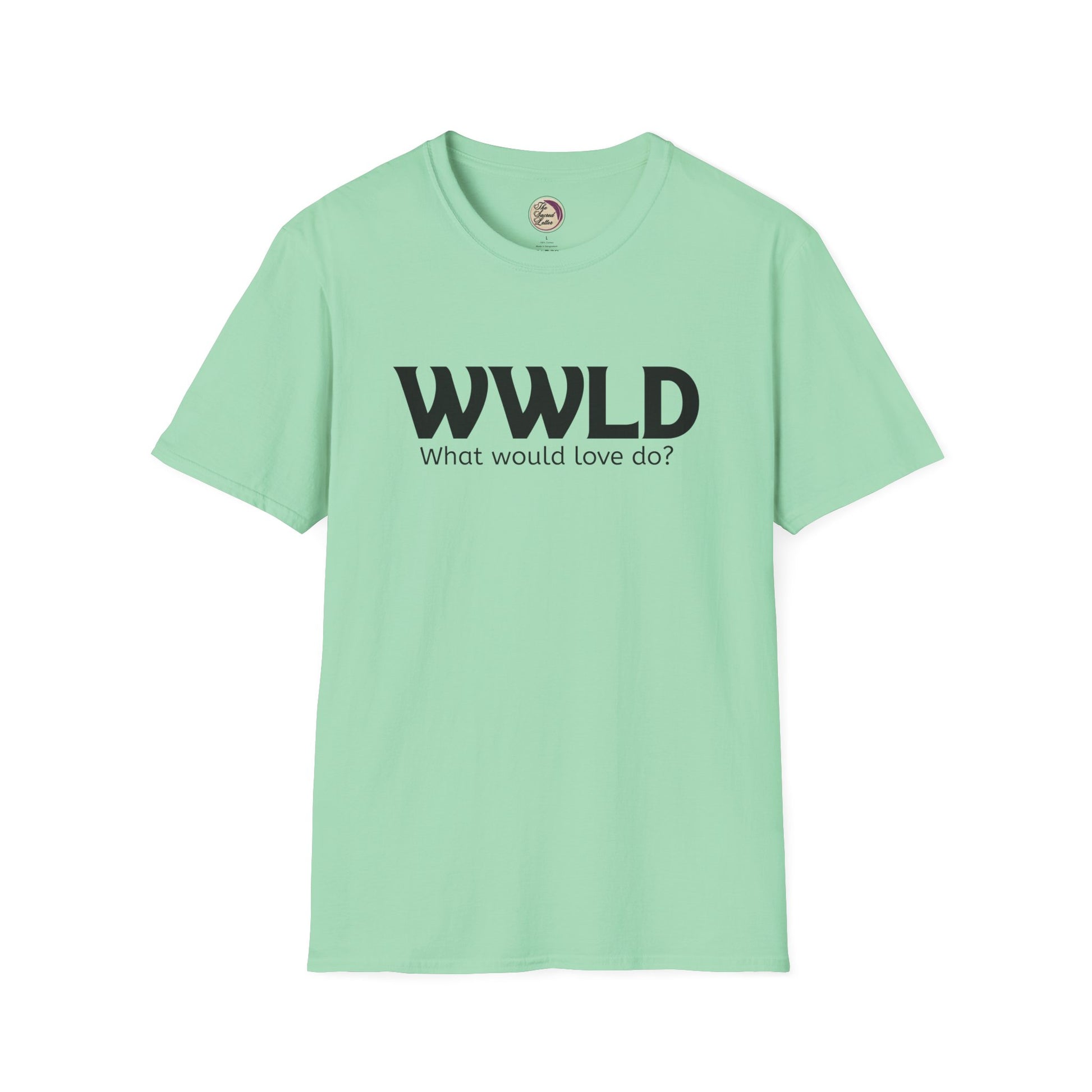 Mint green t-shirt with 'WWLD What would love do?' text on a white background