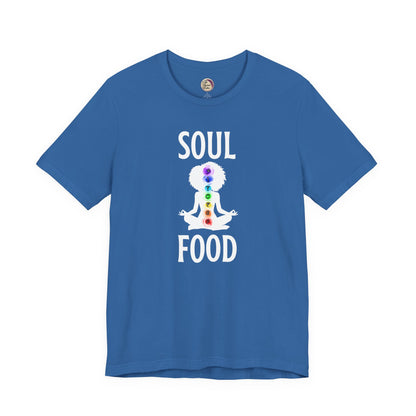 Blue t-shirt with 'Soul Food' design featuring a colorful chakra symbol on a white background