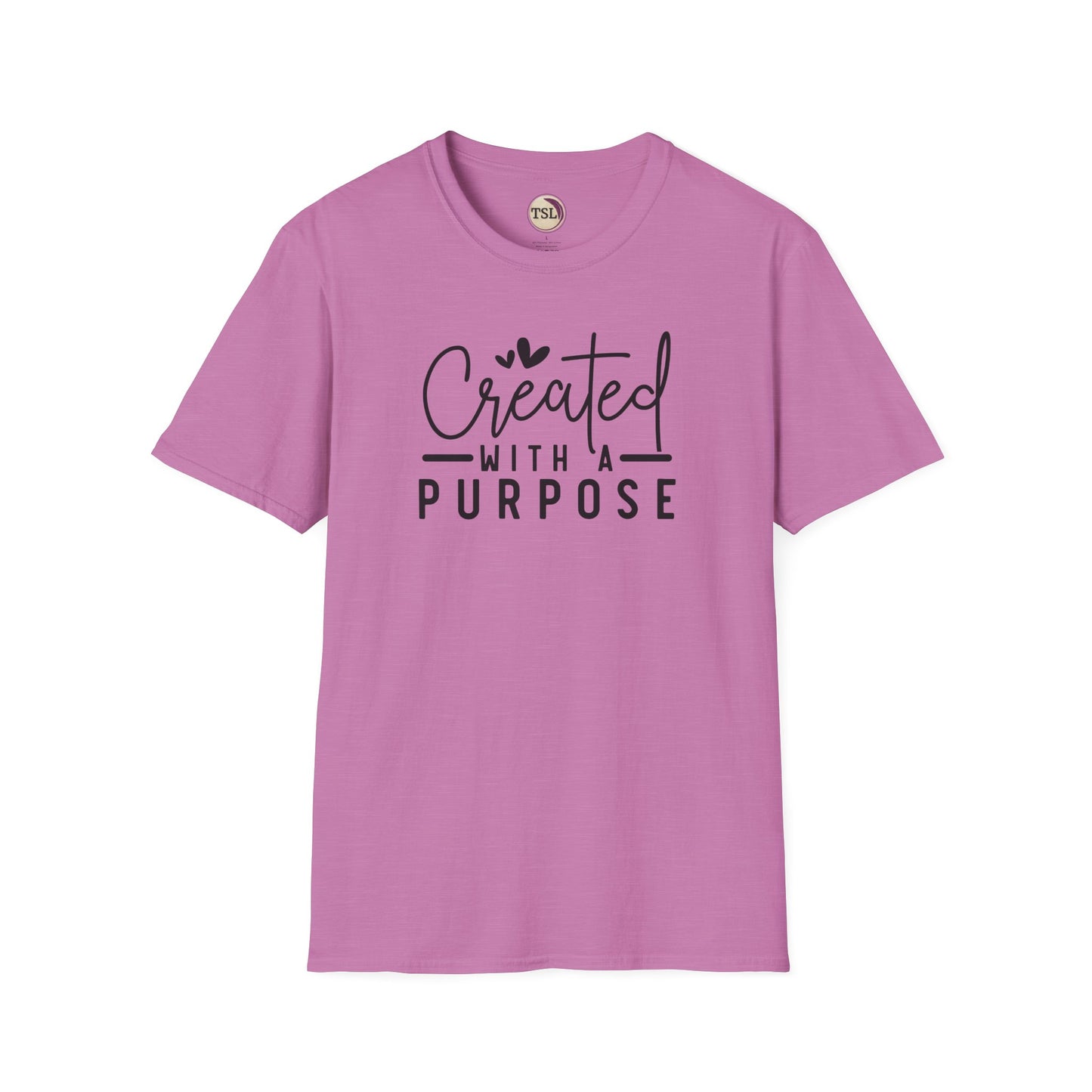 Pink t-shirt with 'Created with a Purpose' text on a white background