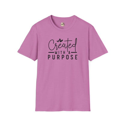 Pink t-shirt with 'Created with a Purpose' text on a white background
