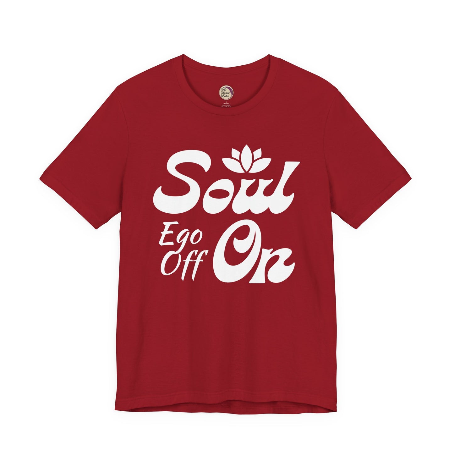 Red t-shirt with white text 'Soul Ego Off On' on a white background