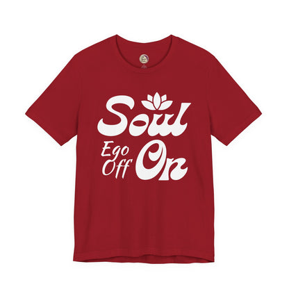 Red t-shirt with white text 'Soul Ego Off On' on a white background
