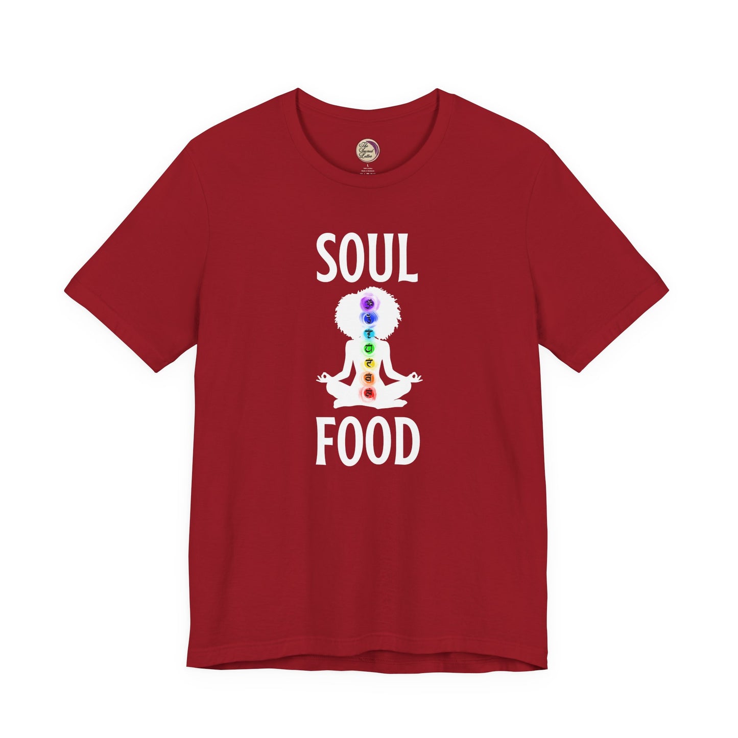 Red t-shirt with 'Soul Food' design featuring a colorful figure on a white background