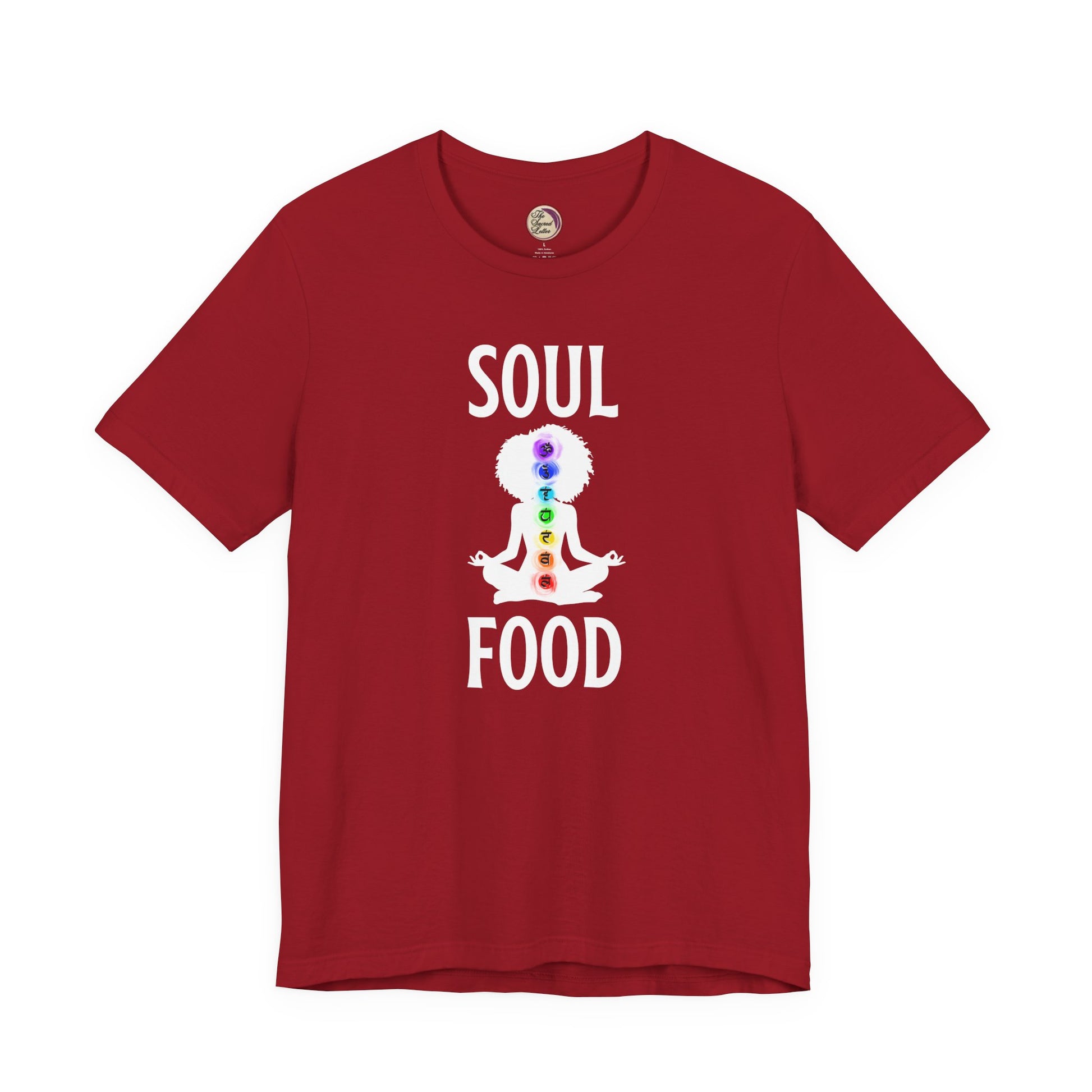Red t-shirt with 'Soul Food' design featuring a colorful figure on a white background