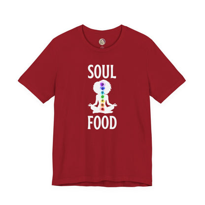 Red t-shirt with 'Soul Food' design featuring a colorful figure on a white background