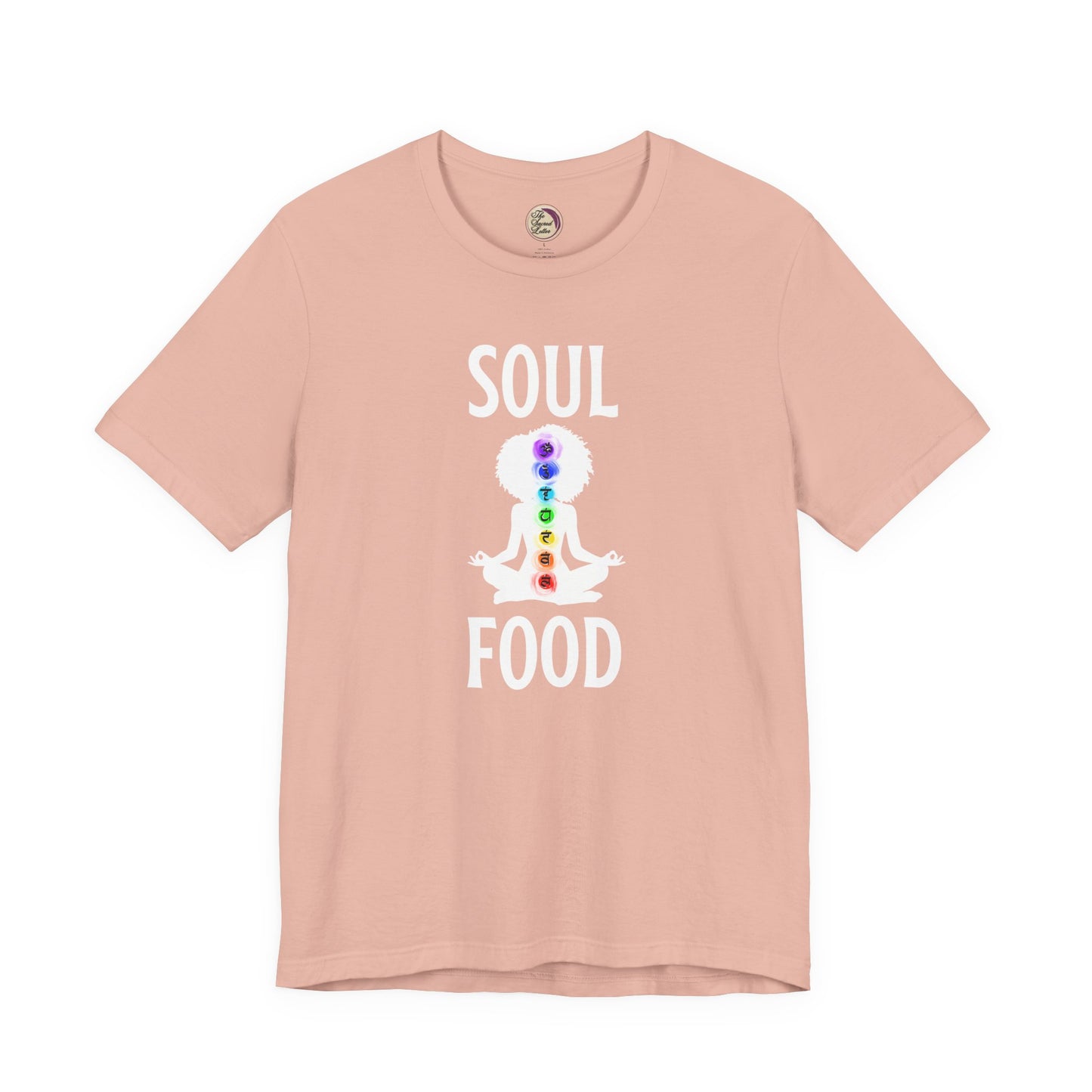 Pink t-shirt with 'Soul Food' and chakra design on a white background
