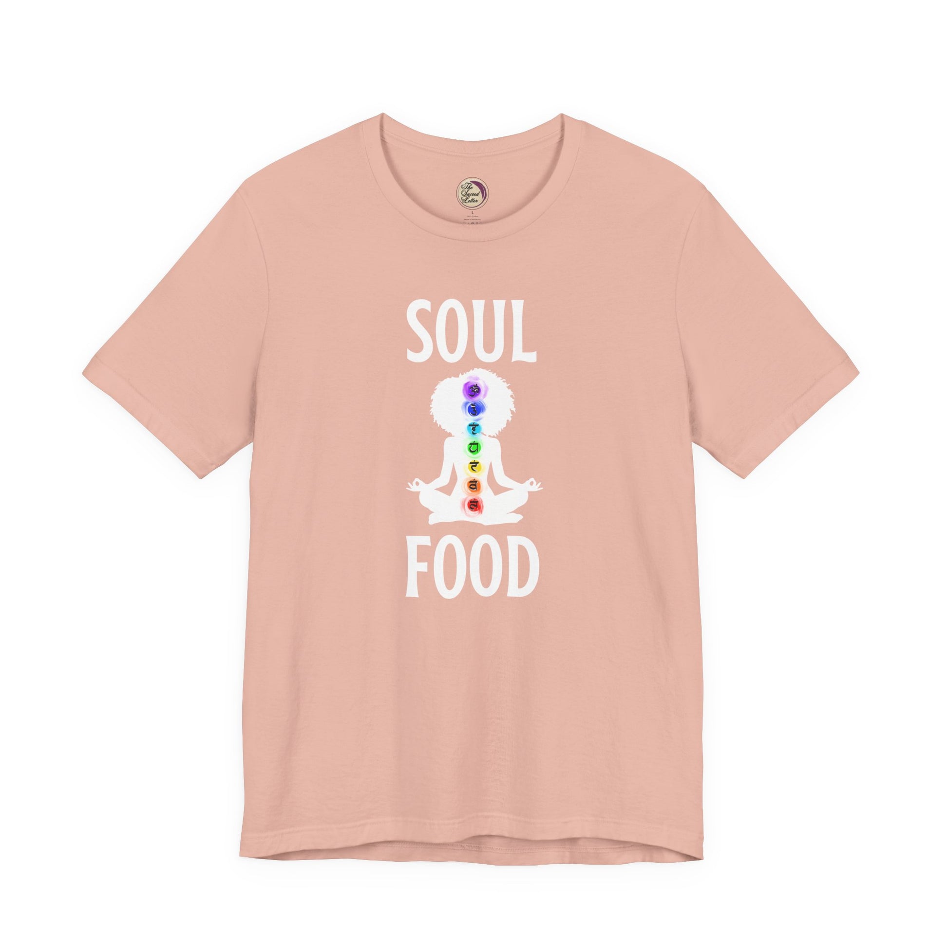 Pink t-shirt with 'Soul Food' and chakra design on a white background