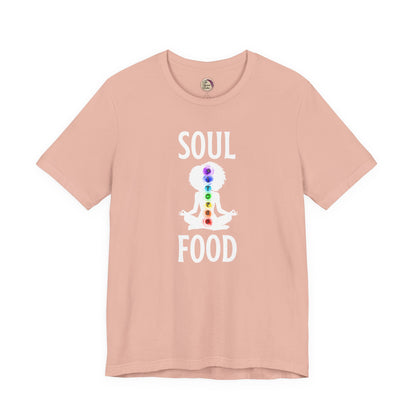 Pink t-shirt with 'Soul Food' and chakra design on a white background