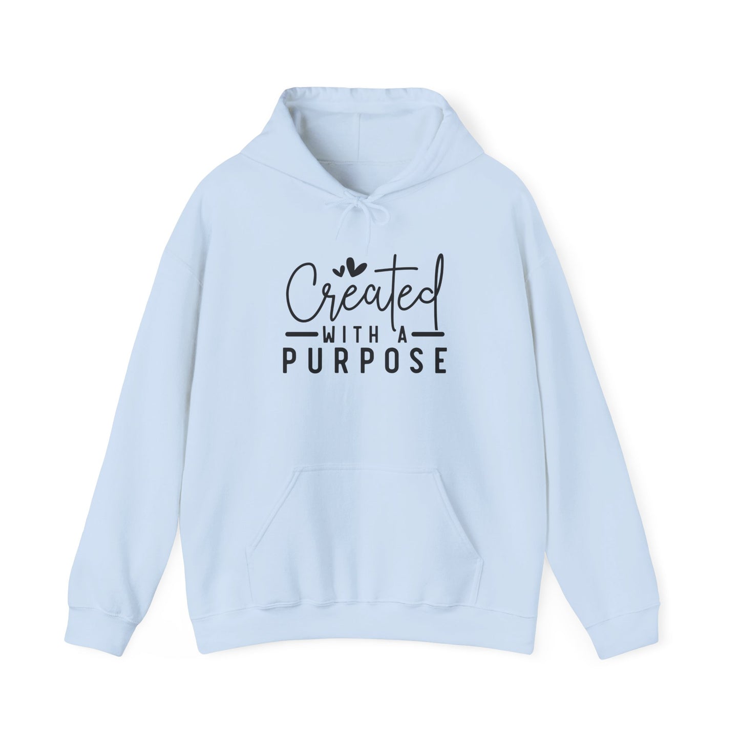 Light blue hoodie with 'Created with a Purpose' text on a white background
