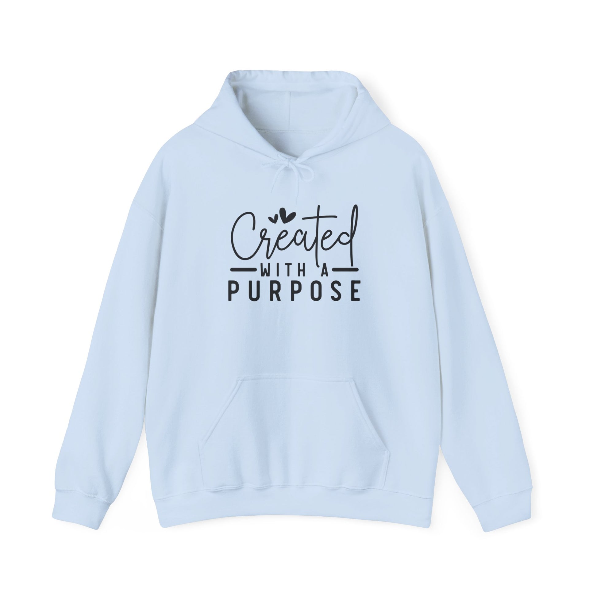 Light blue hoodie with 'Created with a Purpose' text on a white background