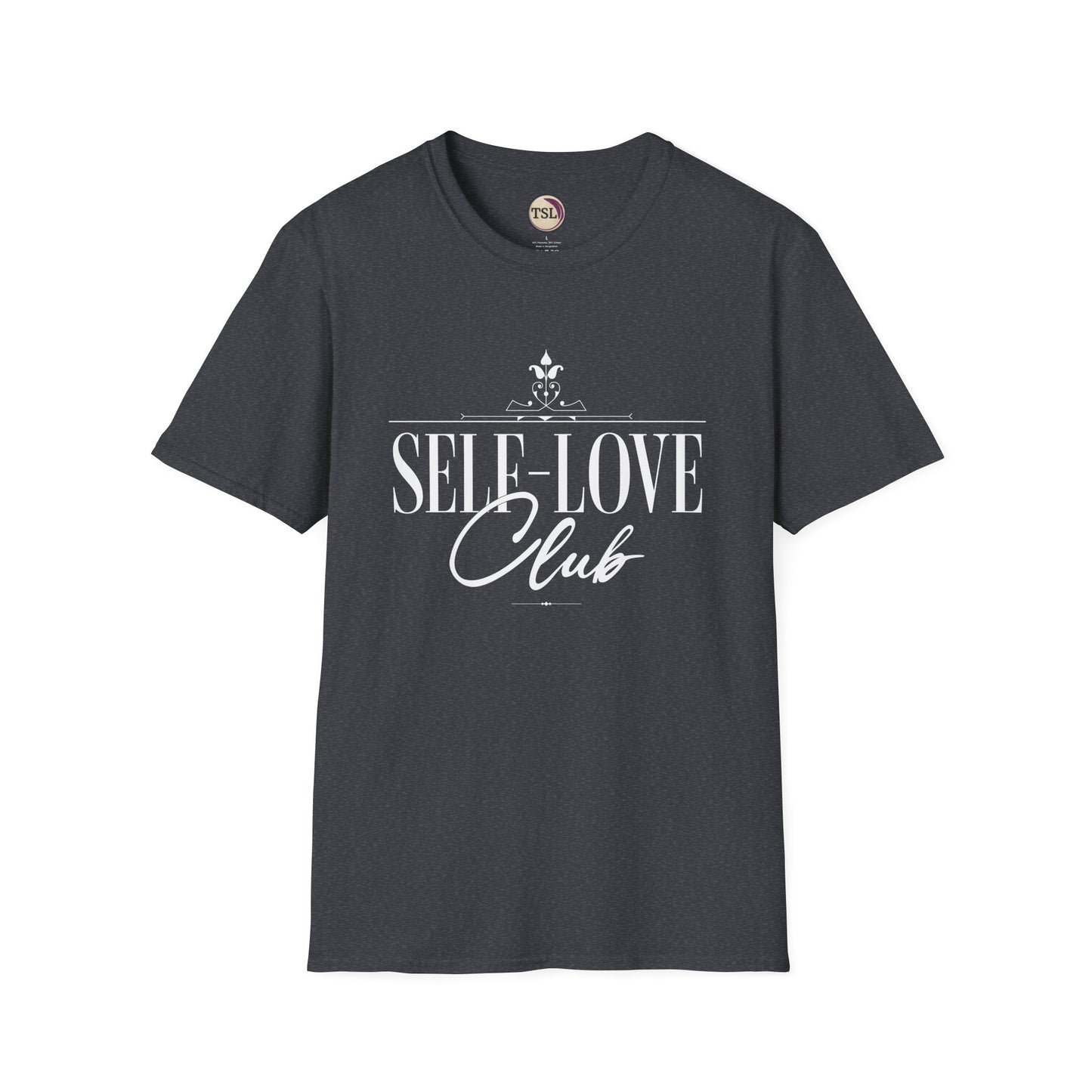 Charcoal t-shirt with 'Self-Love Club' text on a white background