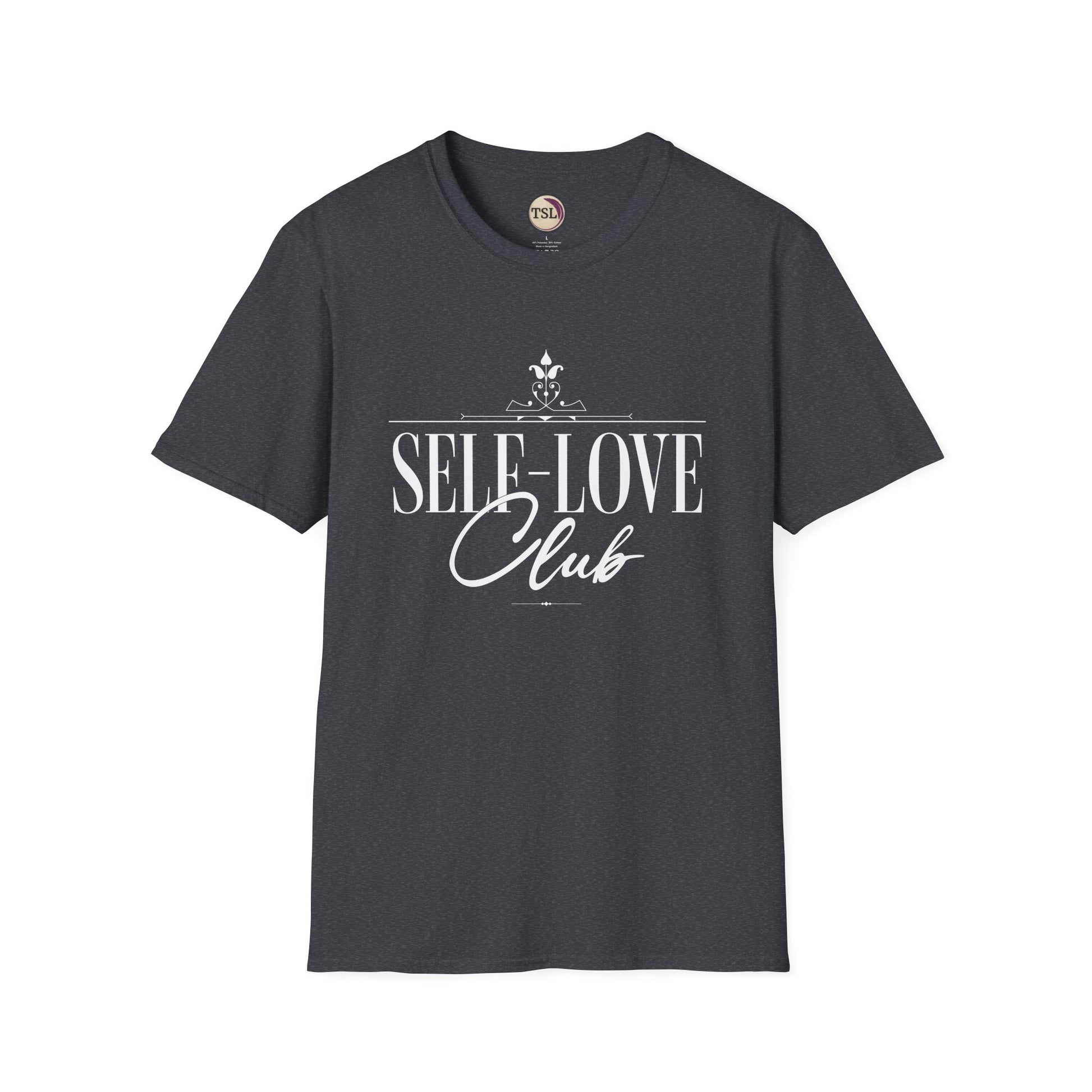 Charcoal t-shirt with 'Self-Love Club' text on a white background