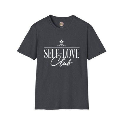 Charcoal t-shirt with 'Self-Love Club' text on a white background