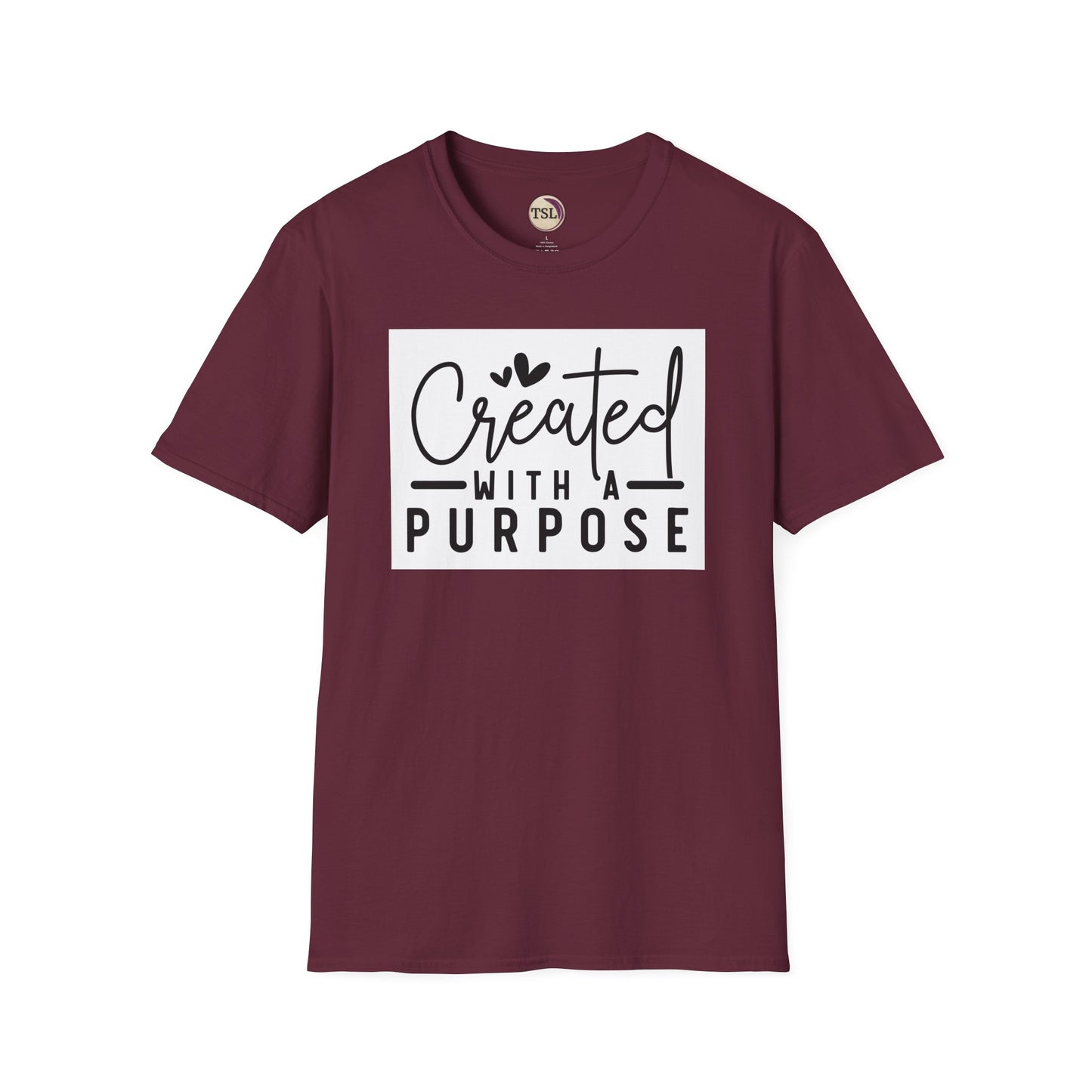 Maroon t-shirt with 'Created with a Purpose' text on a white background