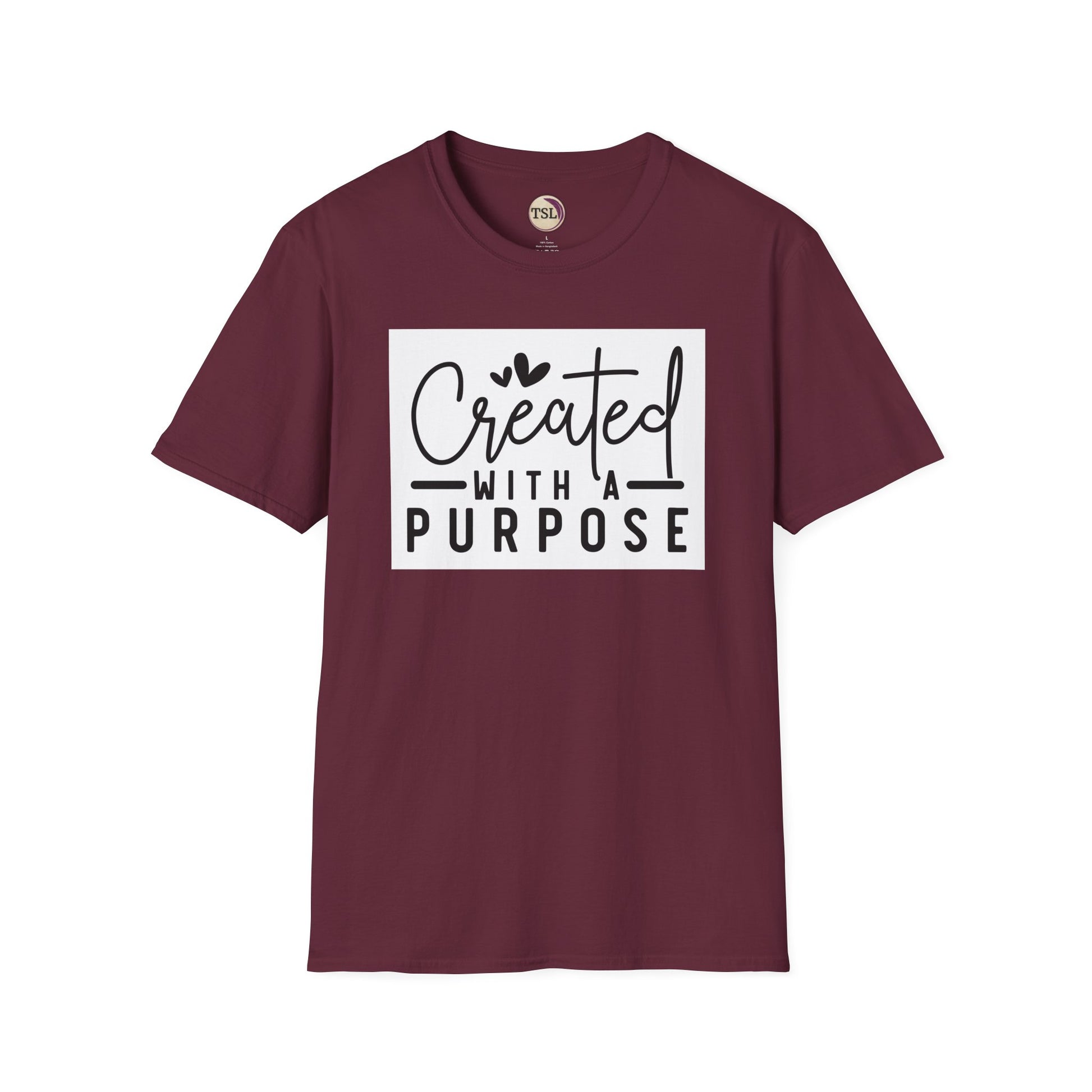 Maroon t-shirt with 'Created with a Purpose' text on a white background
