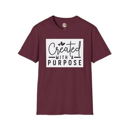 Maroon t-shirt with 'Created with a Purpose' text on a white background