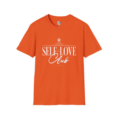 Orange t-shirt with 'Self-Love Club' text on a white background