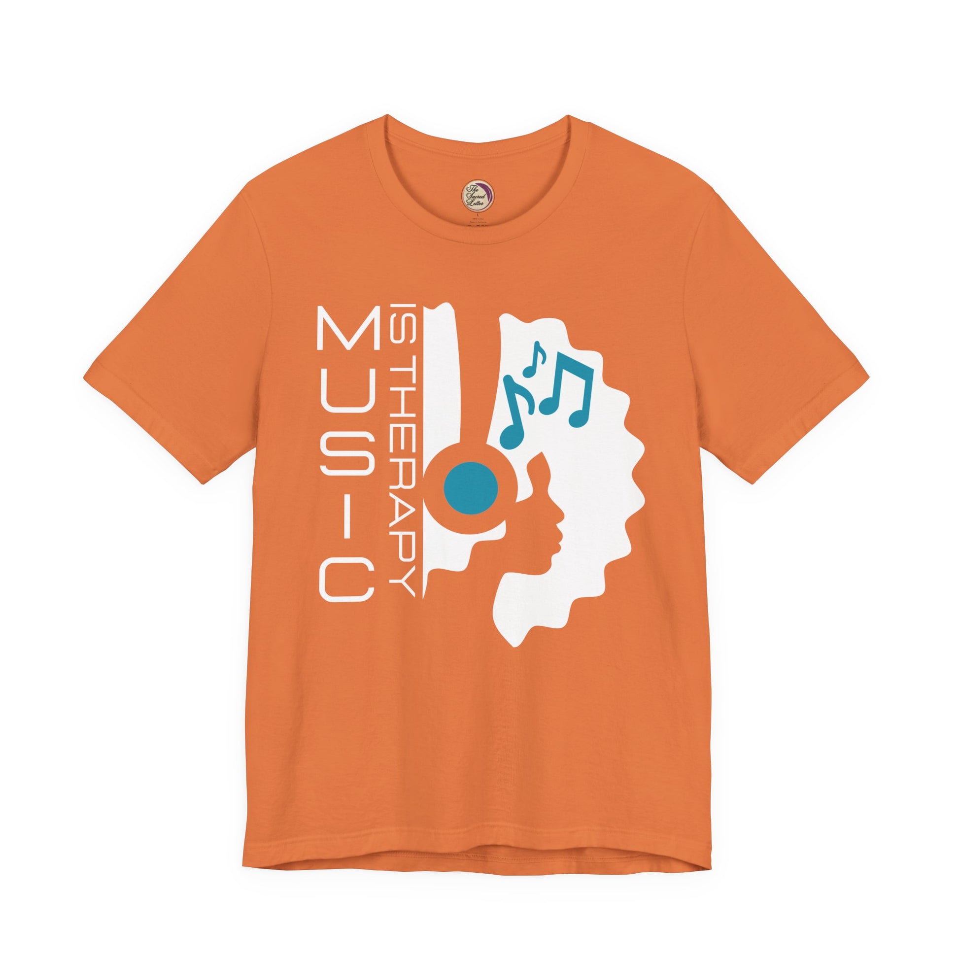 Orange t-shirt with music-themed design and text on a white background