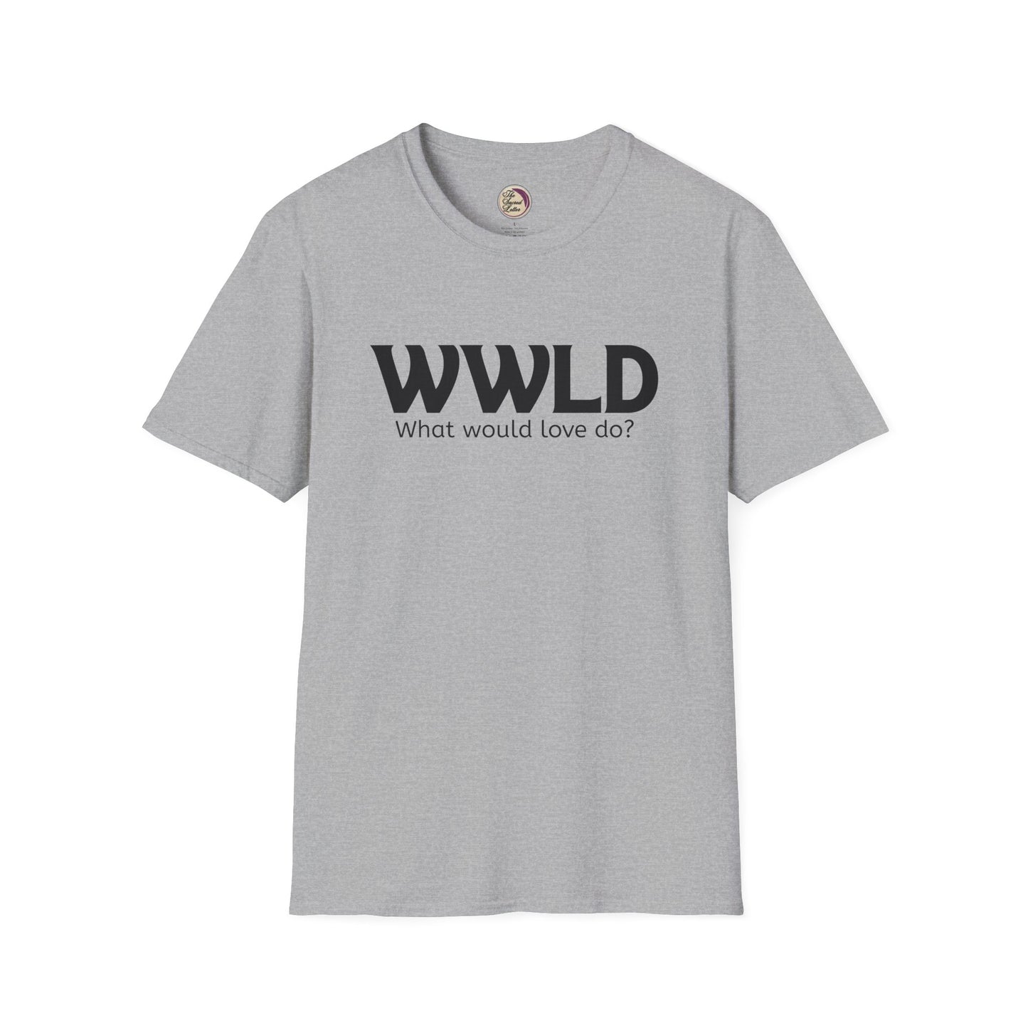 Gray t-shirt with 'WWLD What would love do?' text on a white background