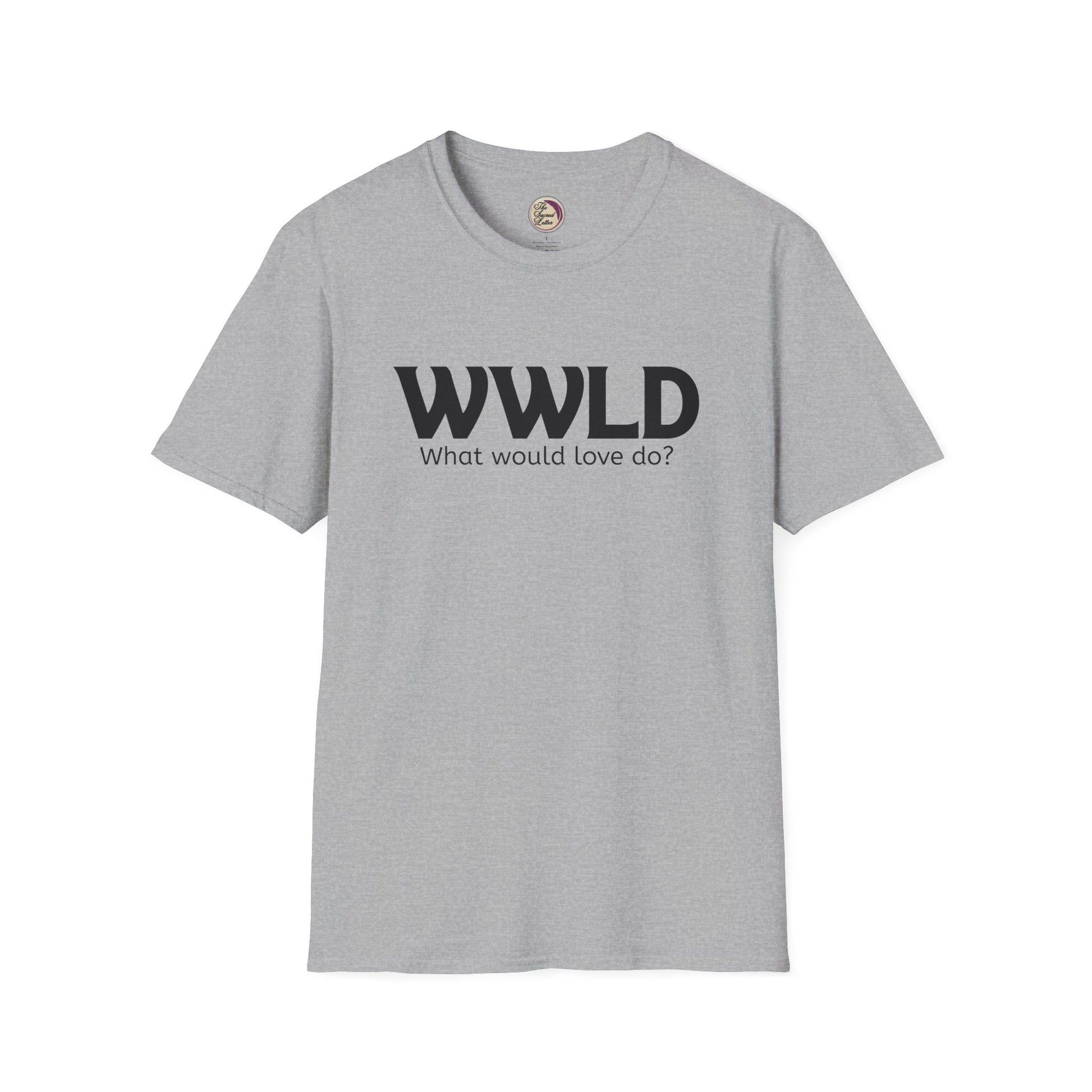Gray t-shirt with 'WWLD What would love do?' text on a white background