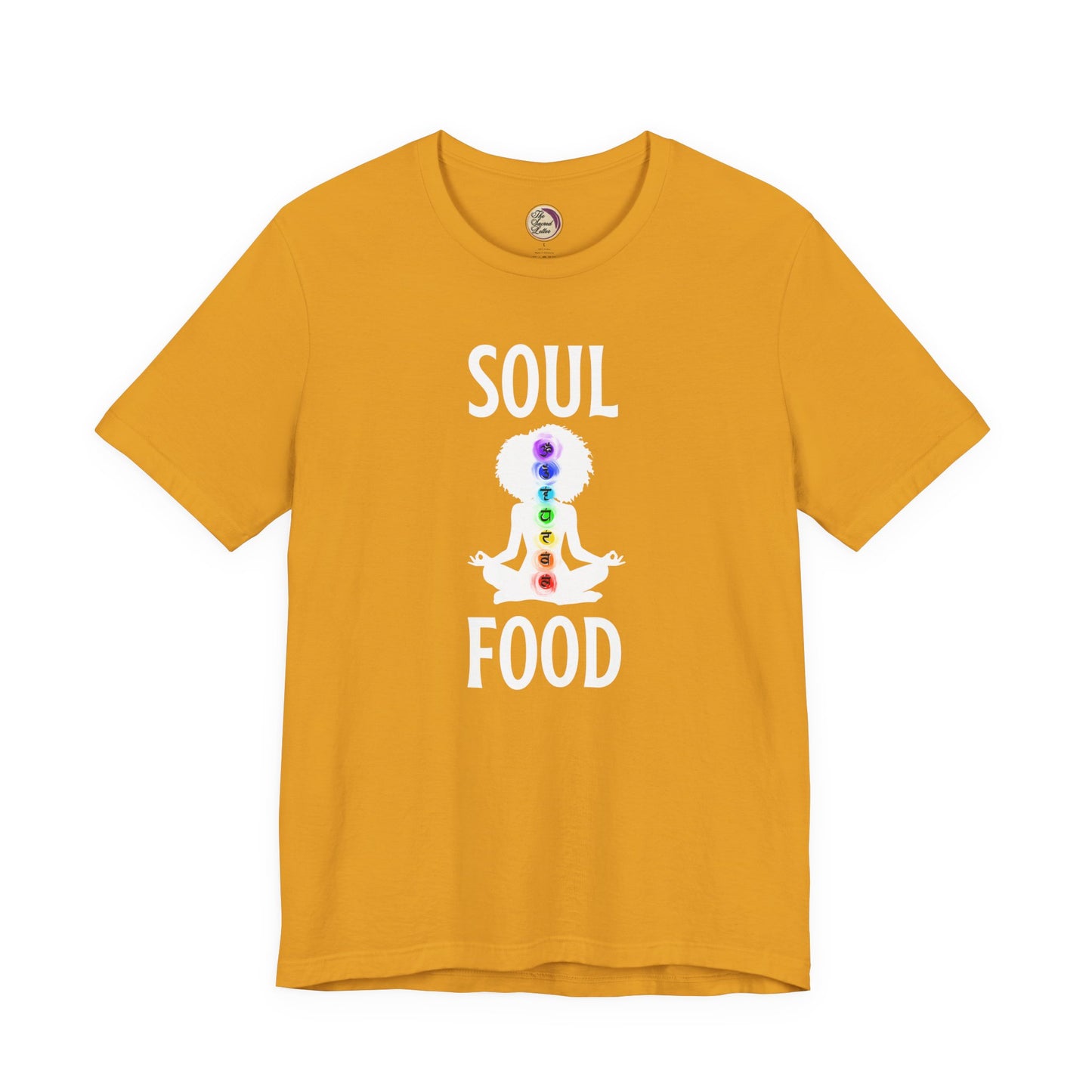 Yellow t-shirt with 'Soul Food' design featuring a chakra symbol on a white background
