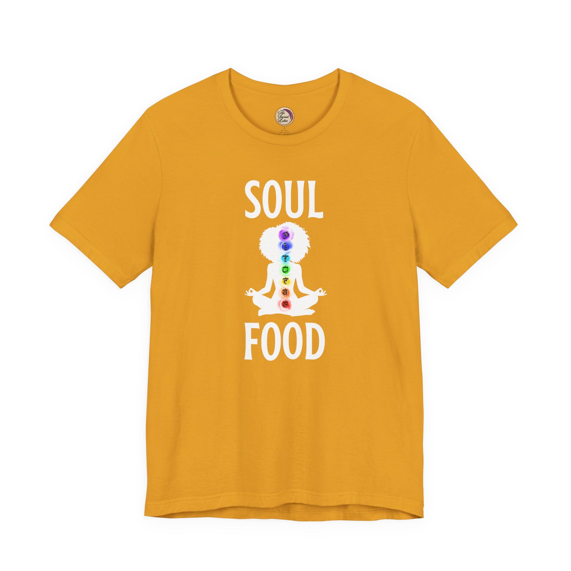 Yellow t-shirt with 'Soul Food' design featuring a chakra symbol on a white background