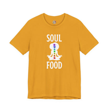 Yellow t-shirt with 'Soul Food' design featuring a chakra symbol on a white background