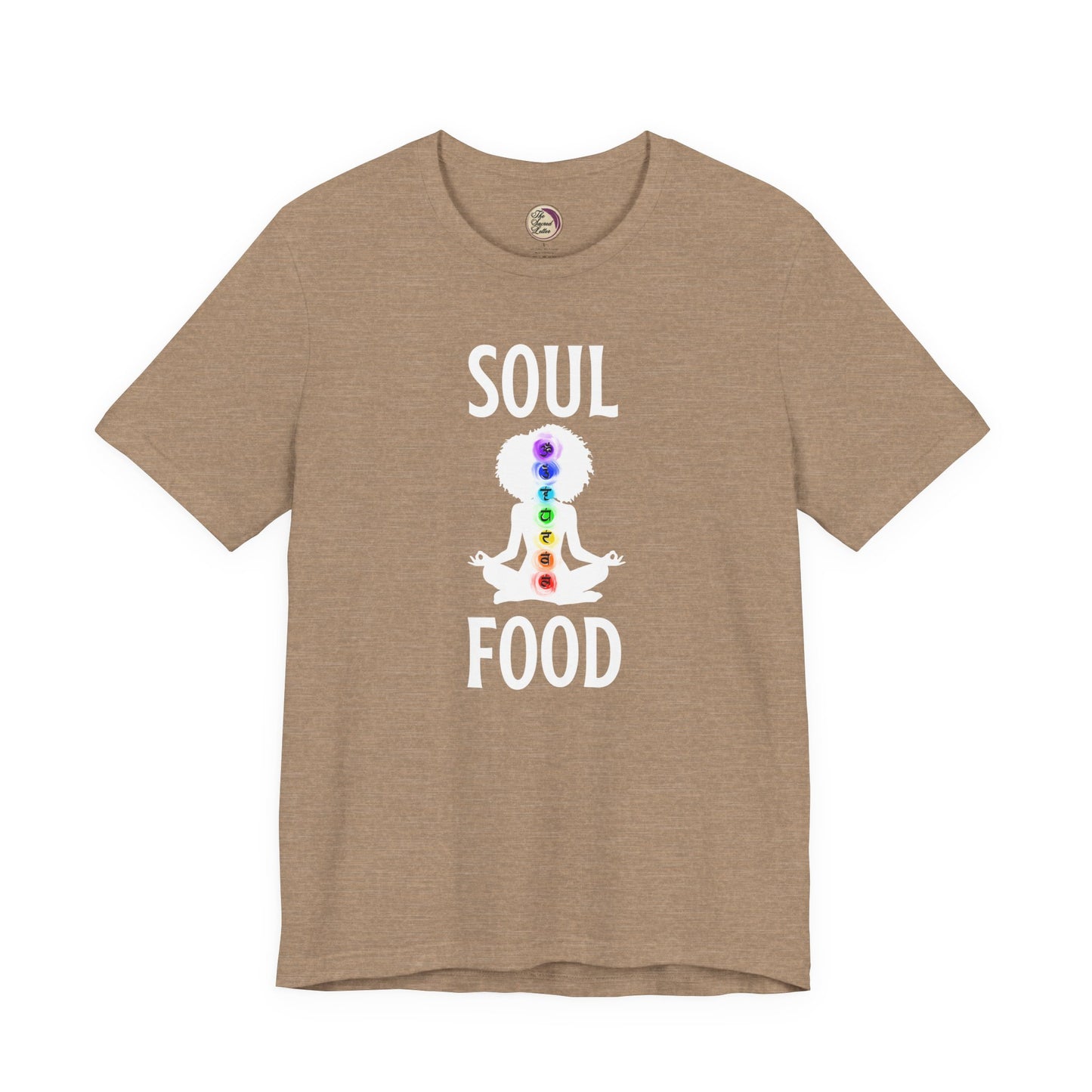 Heather Tan t-shirt with 'Soul Food' graphic design on a white background
