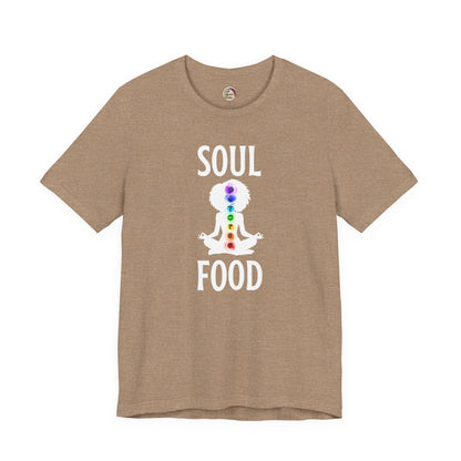 Heather Tan t-shirt with 'Soul Food' graphic design on a white background